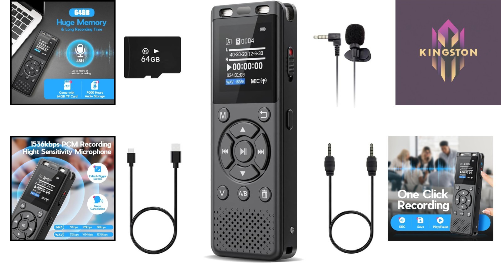 64GB Digital Voice Recorder with Playback & Voice Activation for Professionals
