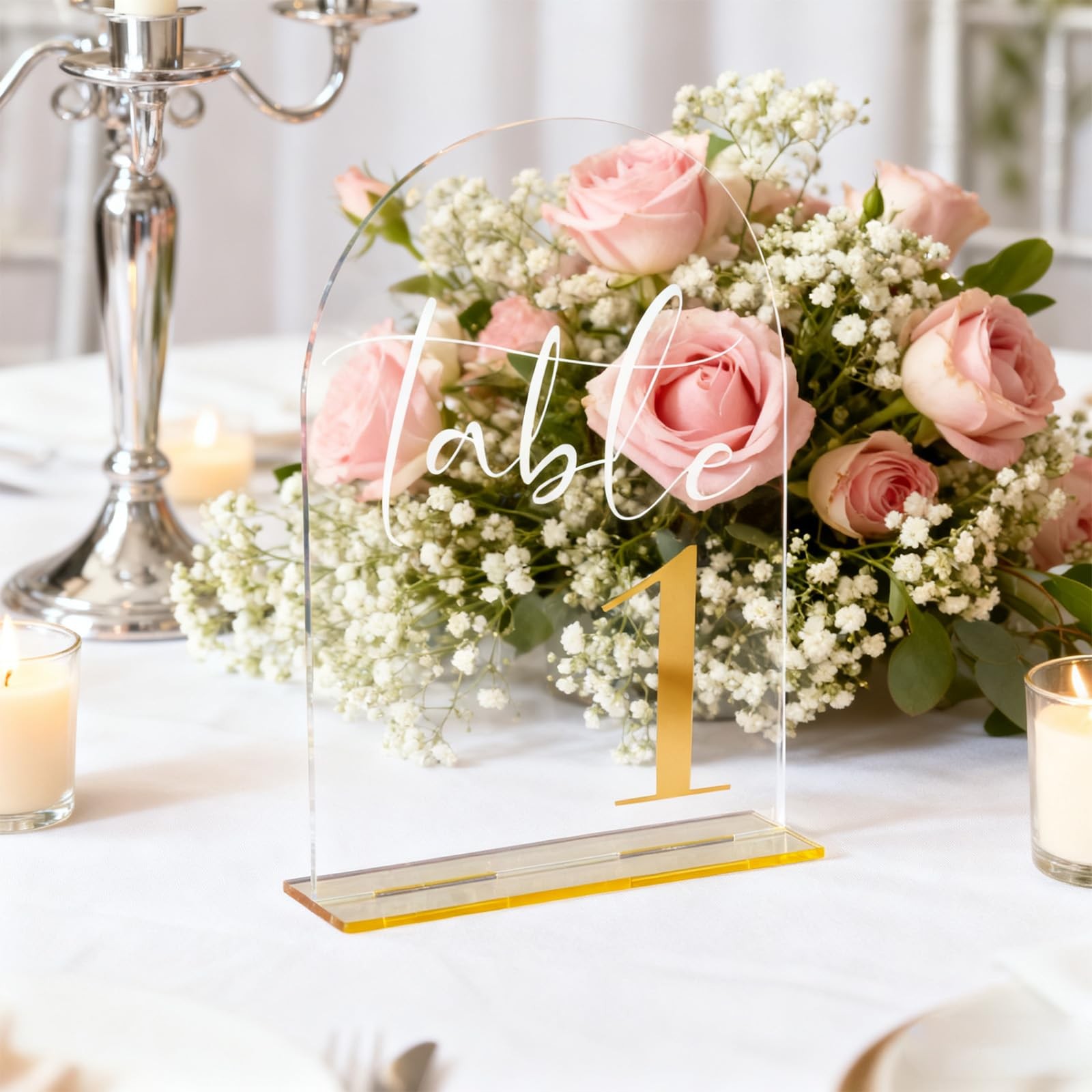 110 Clear Acrylic Arch Wedding Table Numbers Signs Gold Font Set 5×7 Inch