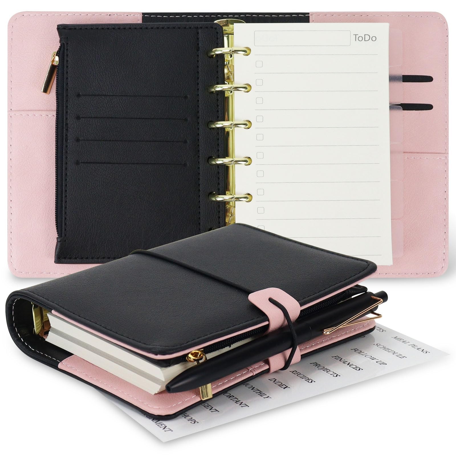 A7 Refillable Planner Small Binder Notebook 6 Ring PU Leather Organizer Zipper