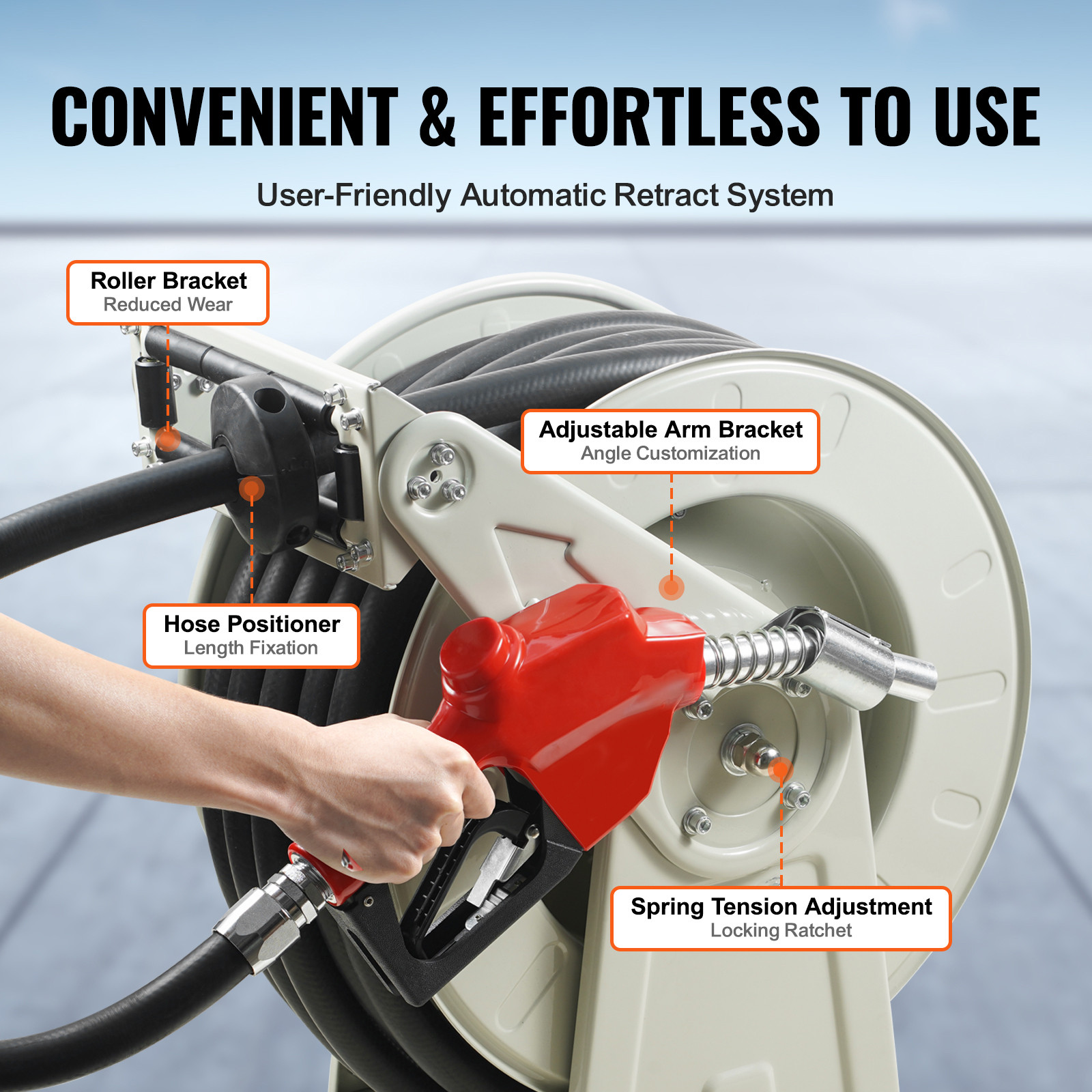 VEVOR Fuel Hose Reel Retractable Diesel Hose Reel 3/4″ x 50′ Auto Fueling Nozzle