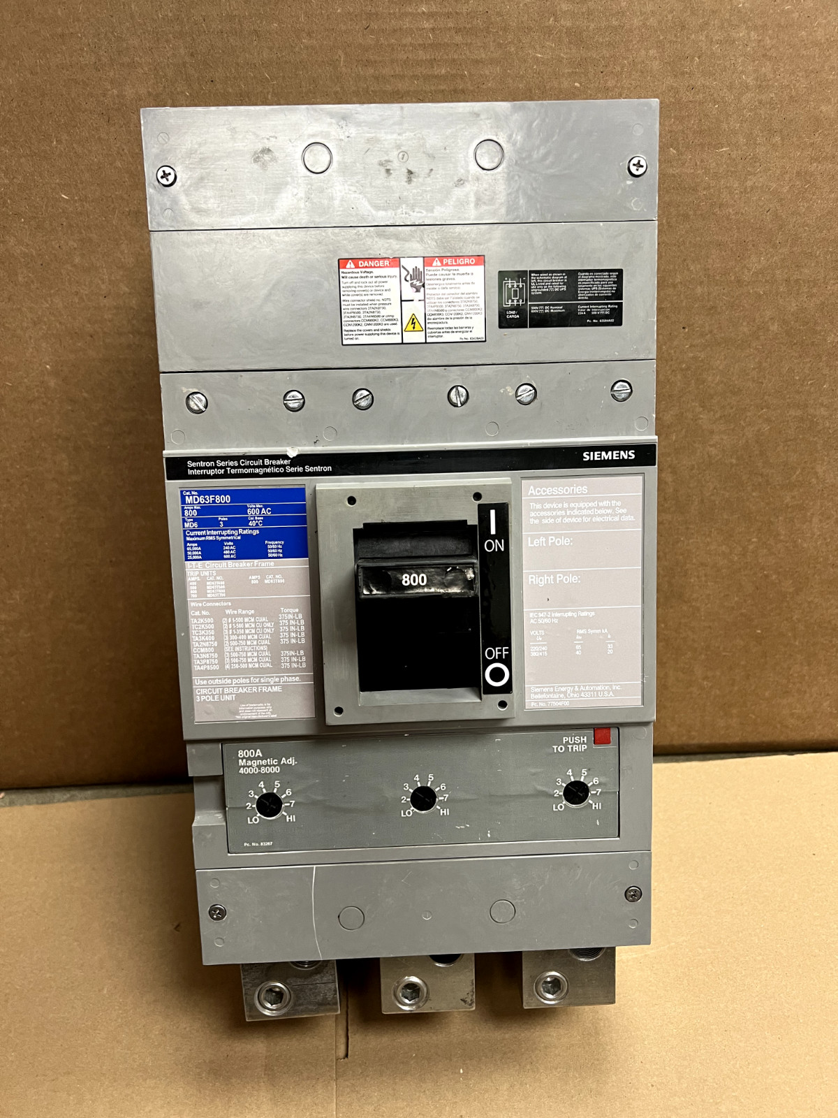 Siemens MD63F800 Breaker 800A 600V 3-Pole 800AT 50K MD63B800 – WARRANTY