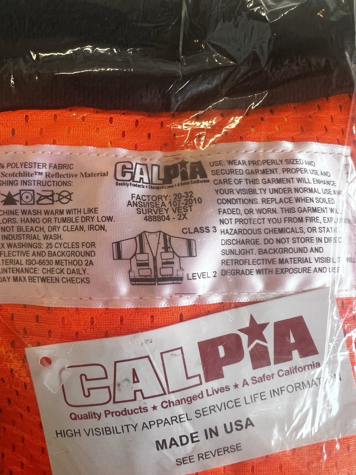 CALPIA Hi-Visibility Orange Survey Vest 2X ANSI/SEA 107-2010 Safety Reflective