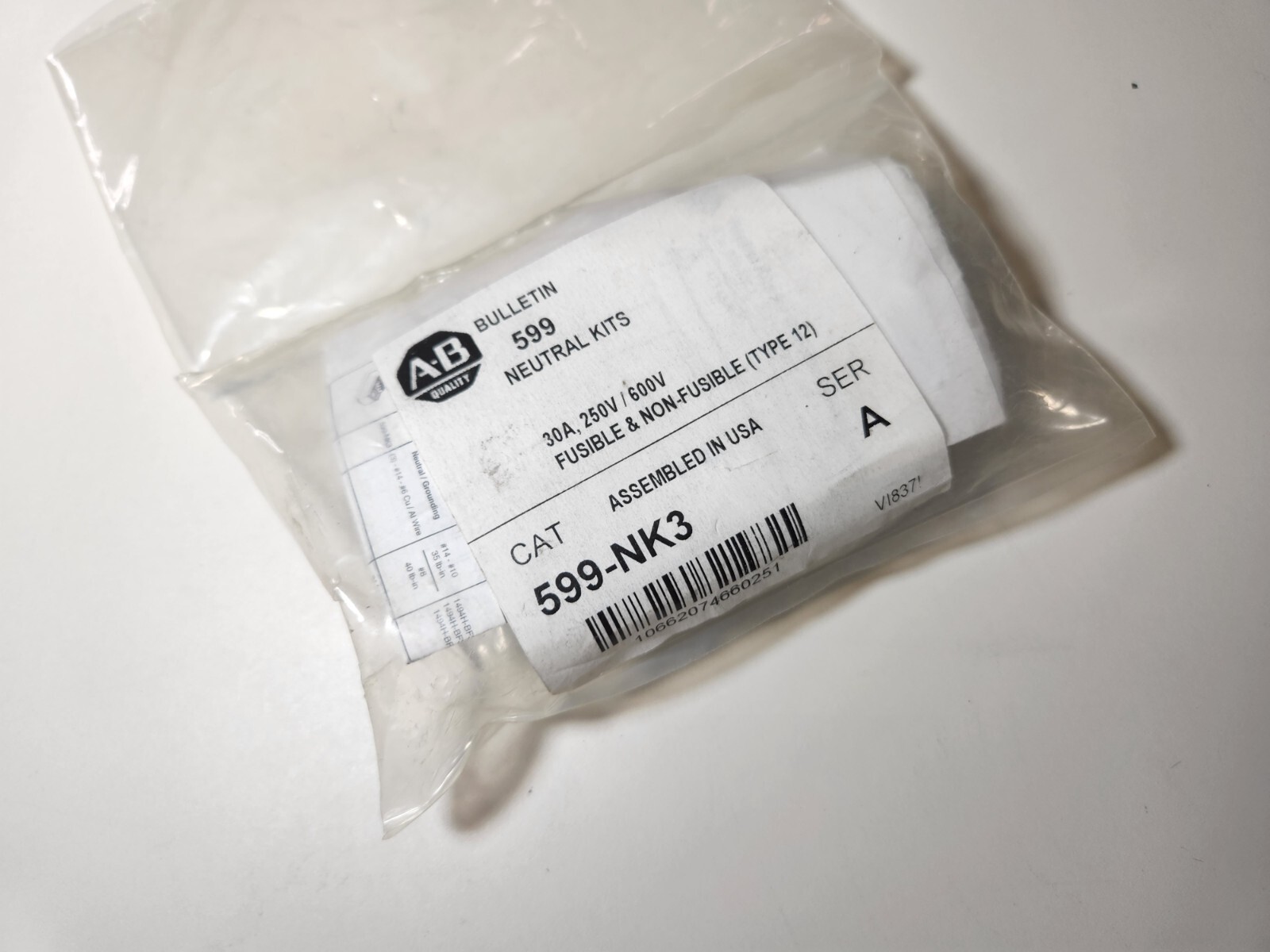 NEW Allen-Bradley 599-NK3 Neutral Kit 30A, 250V / 600V Fusible & Non-Fusible