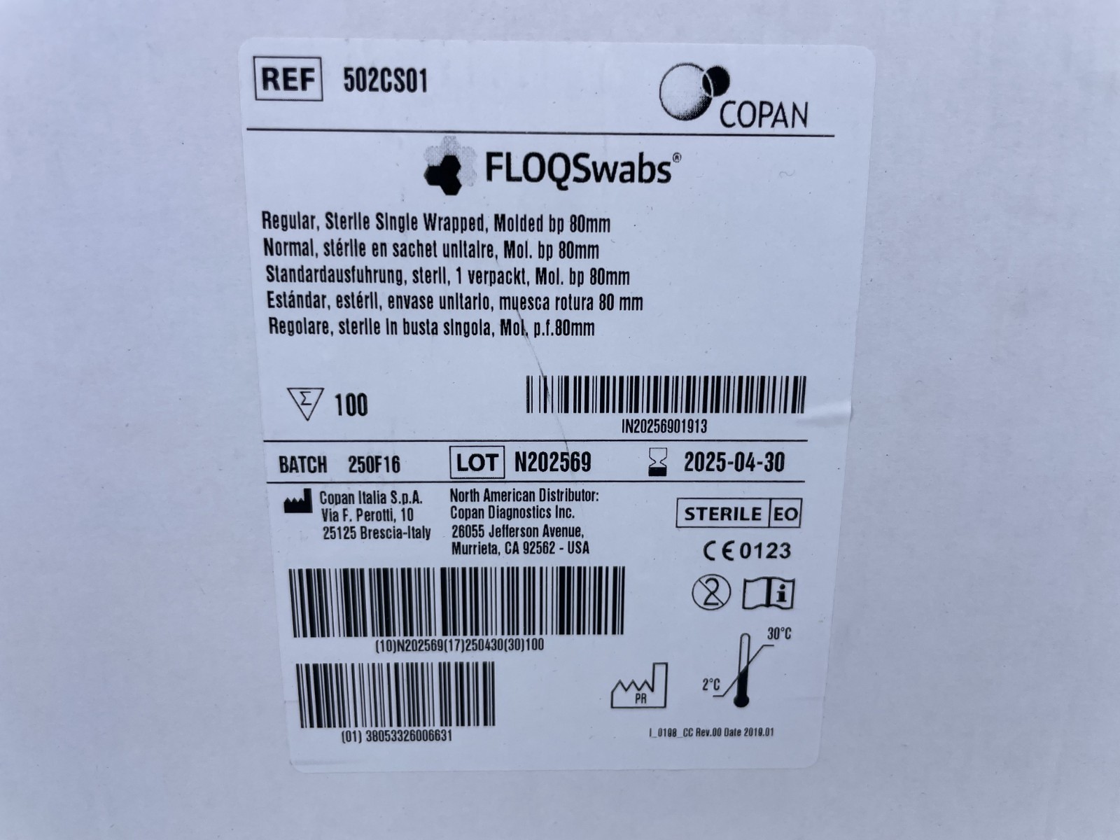 Copan 80mm FLOQSwabs Nasal Swab Sterile Individual Wrap 100ct 502CS01