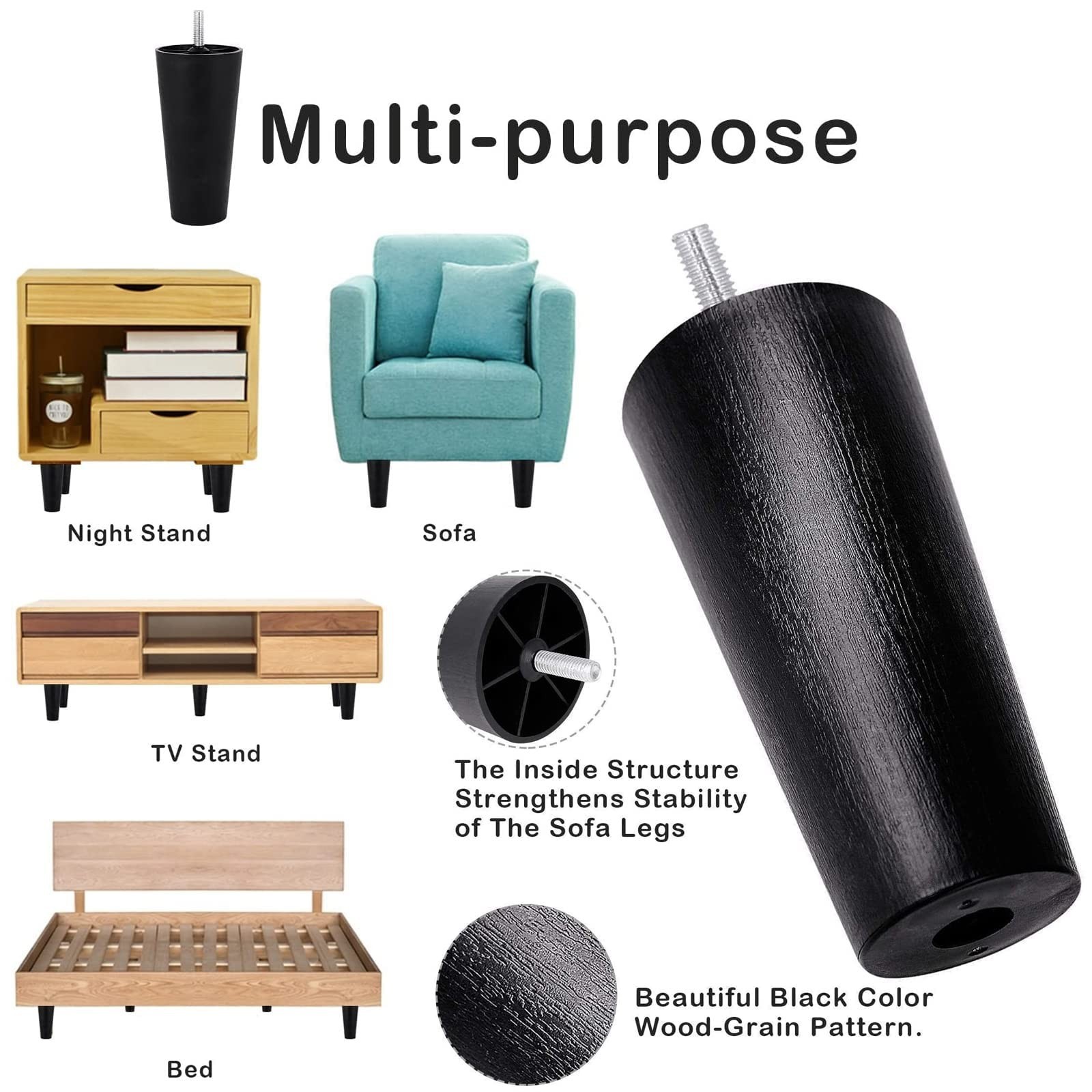 Plastic 4.6 inch Sofa Legs, 4 Pack Tapered Sofa/Couch/Chair Legs with M8 Thre…