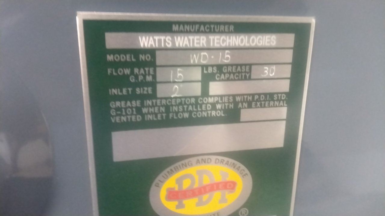 Watts WD-15 2 In Pipe Inlet/Outlet Size 15 GPM 30 Lb Capacity Grease Interceptor