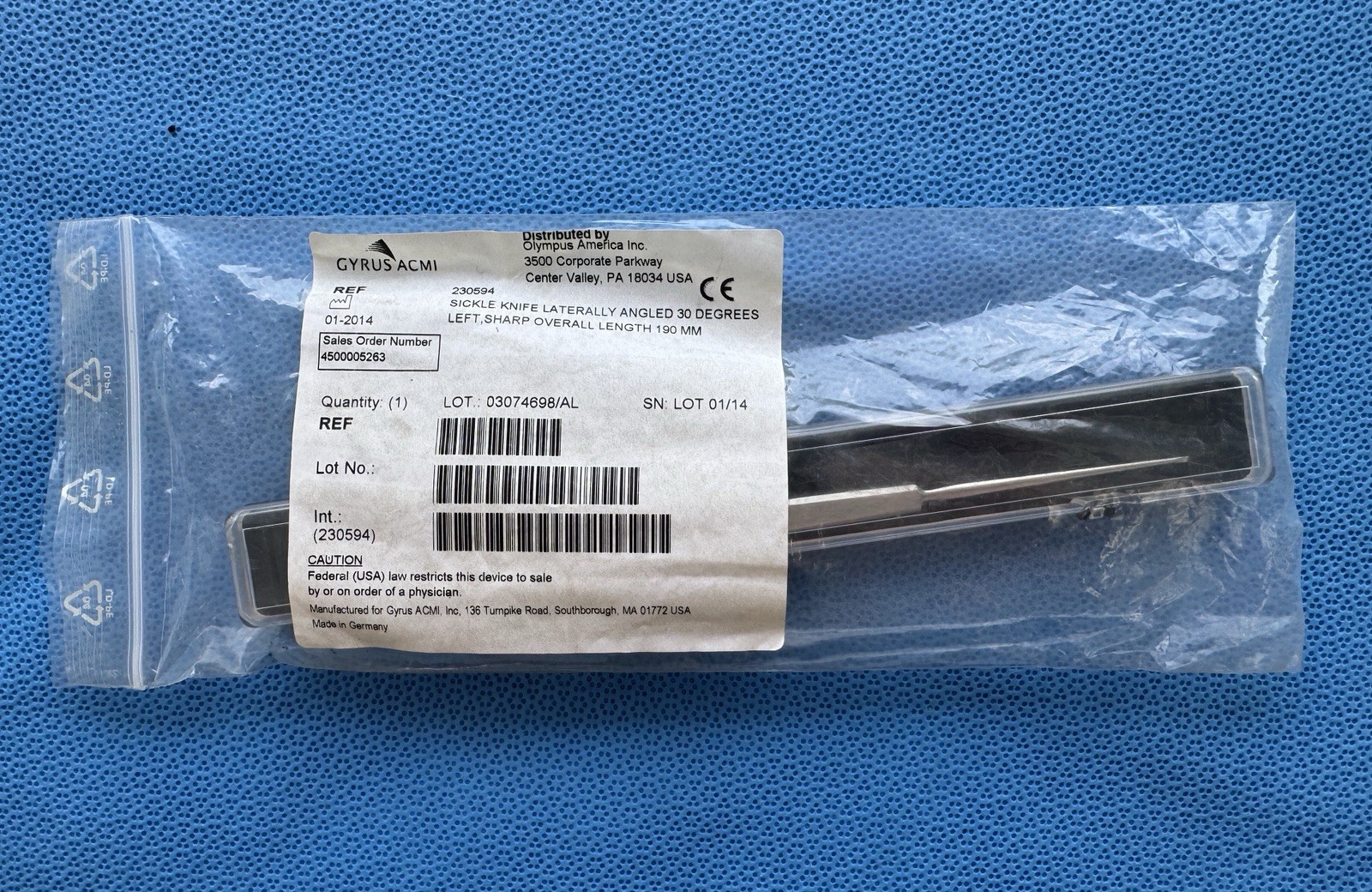 Gyrus ACMI Sickle Knife Angled 30 degrees left, length 190MM #23-0594 NEW