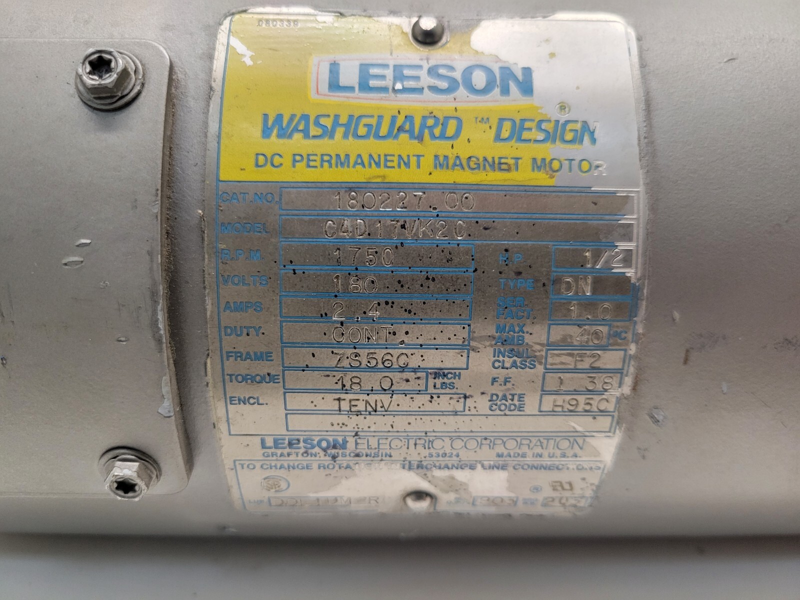 GOOD USED! LEESON WASHGUARD 180V 2.4A 1/2HP MOTOR C4D17VK2C 180227.00