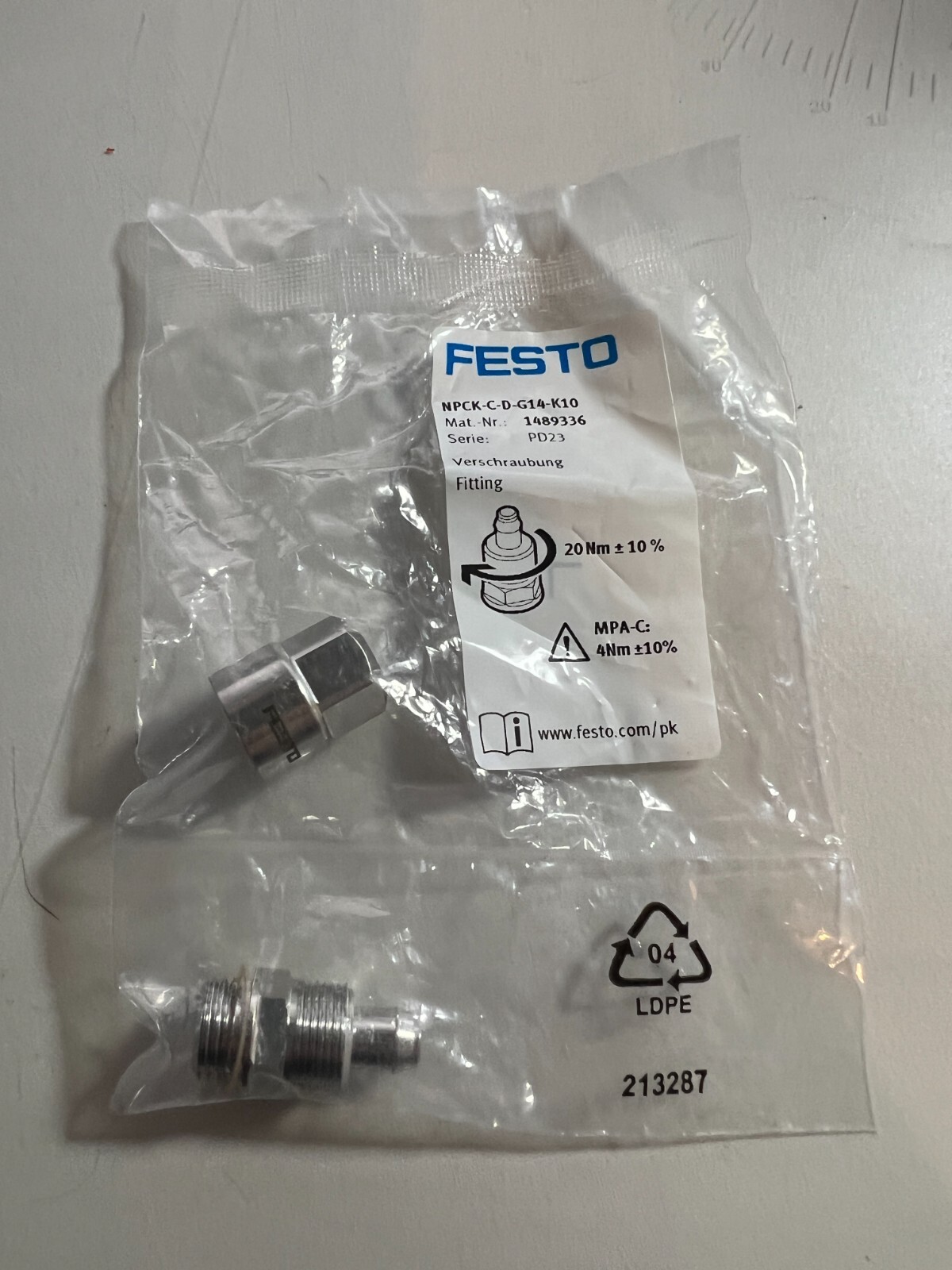 Festo SS Pnuematic Fitting NPCK-C-D-G14-K10 – G1/4 x 10mm OD (pnuematic tubing)