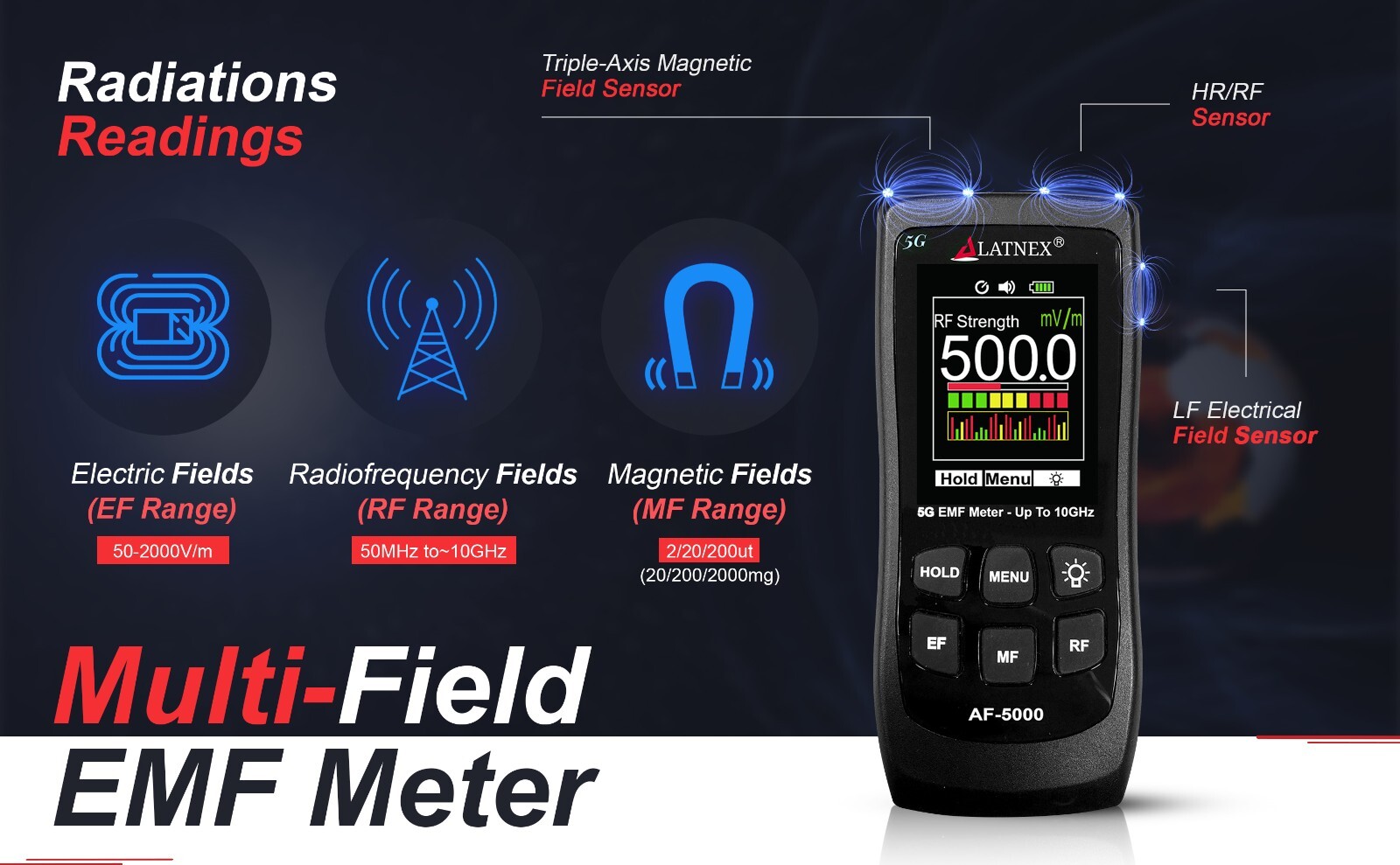 LATNEX AF-5000: Multi-Field 5G Radiation EMF Meter RF Detector Reader to 10GHz