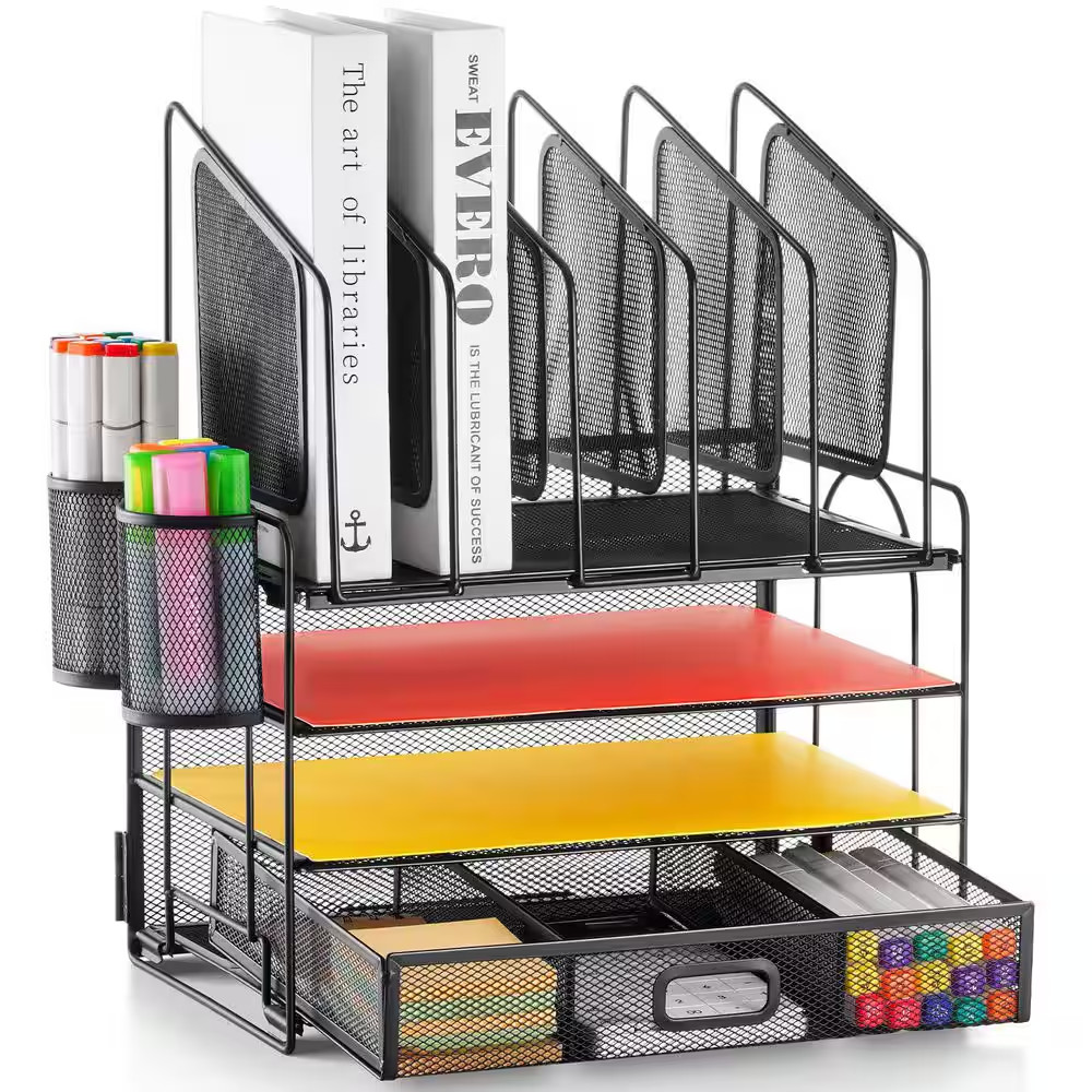 12.85″ X 16.14″ Black Metal Desktop Organizer – 4-Tier Mesh File Organizer (With