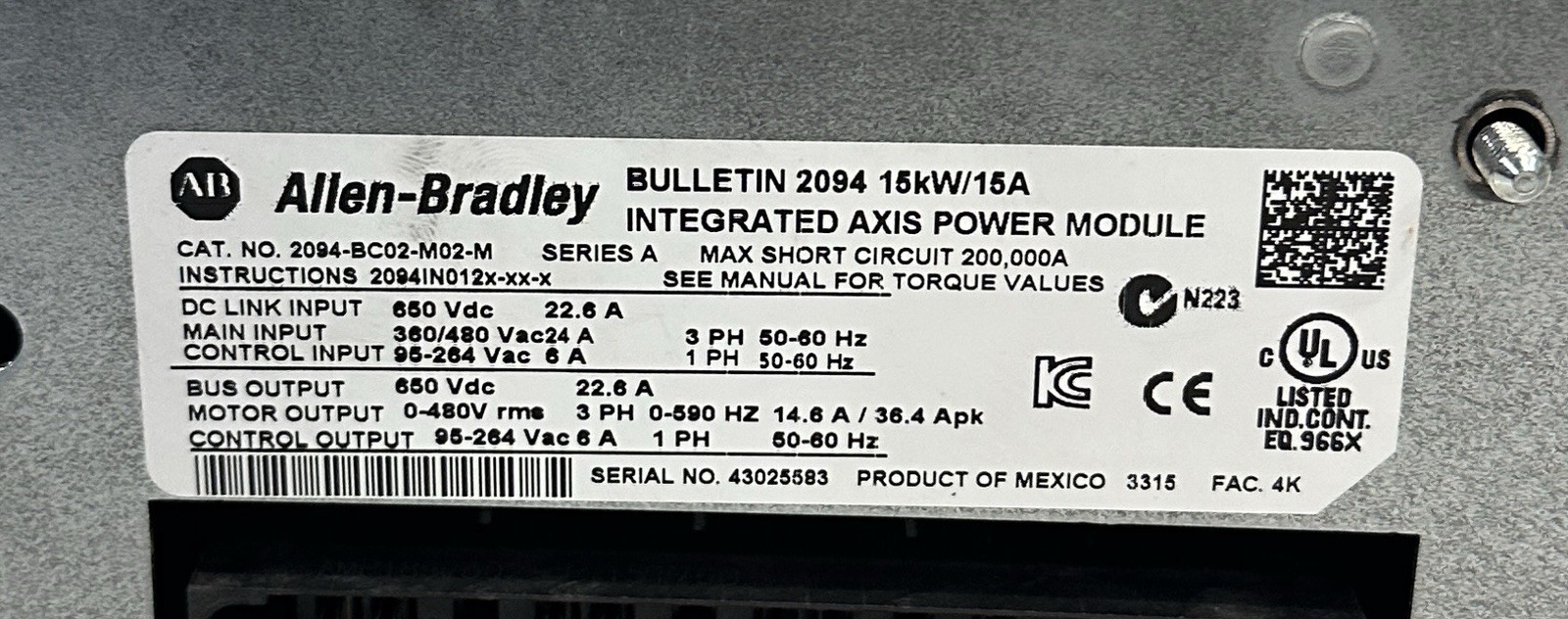 ALLEN BRADLEY 2094-BC02-M02-M /A Kinetix 6200/6500 AXIS DRIVE 15kW 2094BC02M02M