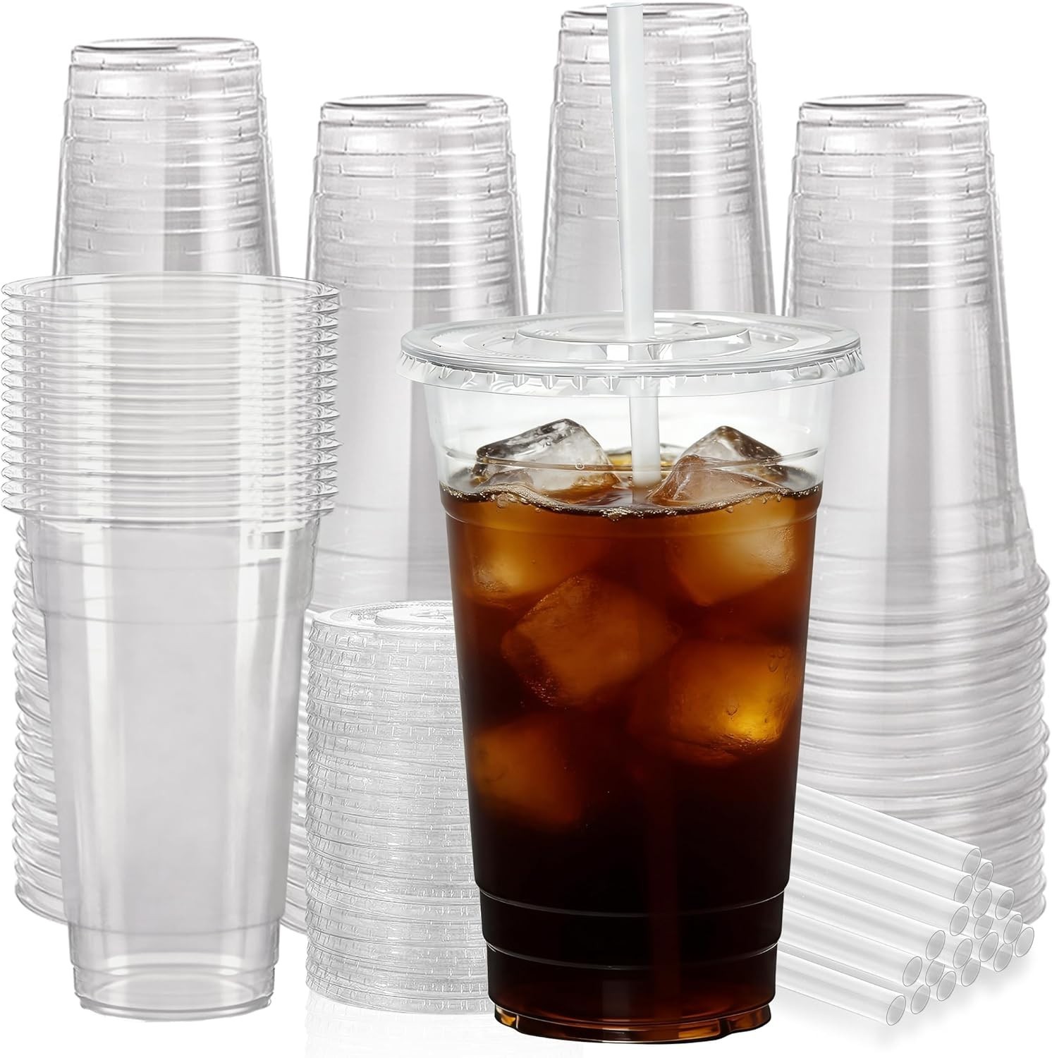 100-Pack 24 oz Clear Plastic Cold Cups with Lids and Straws