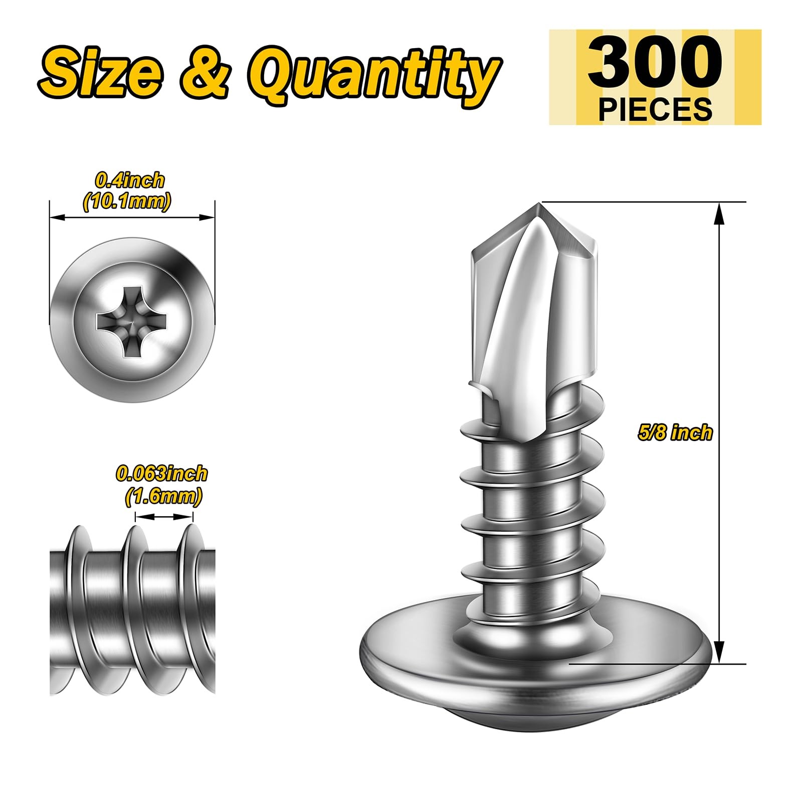 #10 x 5/8 Inch 410 Stainless Steel Truss Head Self Tapping Screws Metal 300 PCS