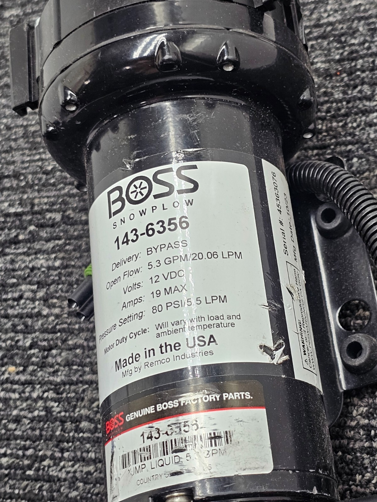 BOSS SNOWPLOW 143-6356: 5.3 GPM/20.06 LPM Liquid Pump 12VDC 19 AMP MAX 80 PSI