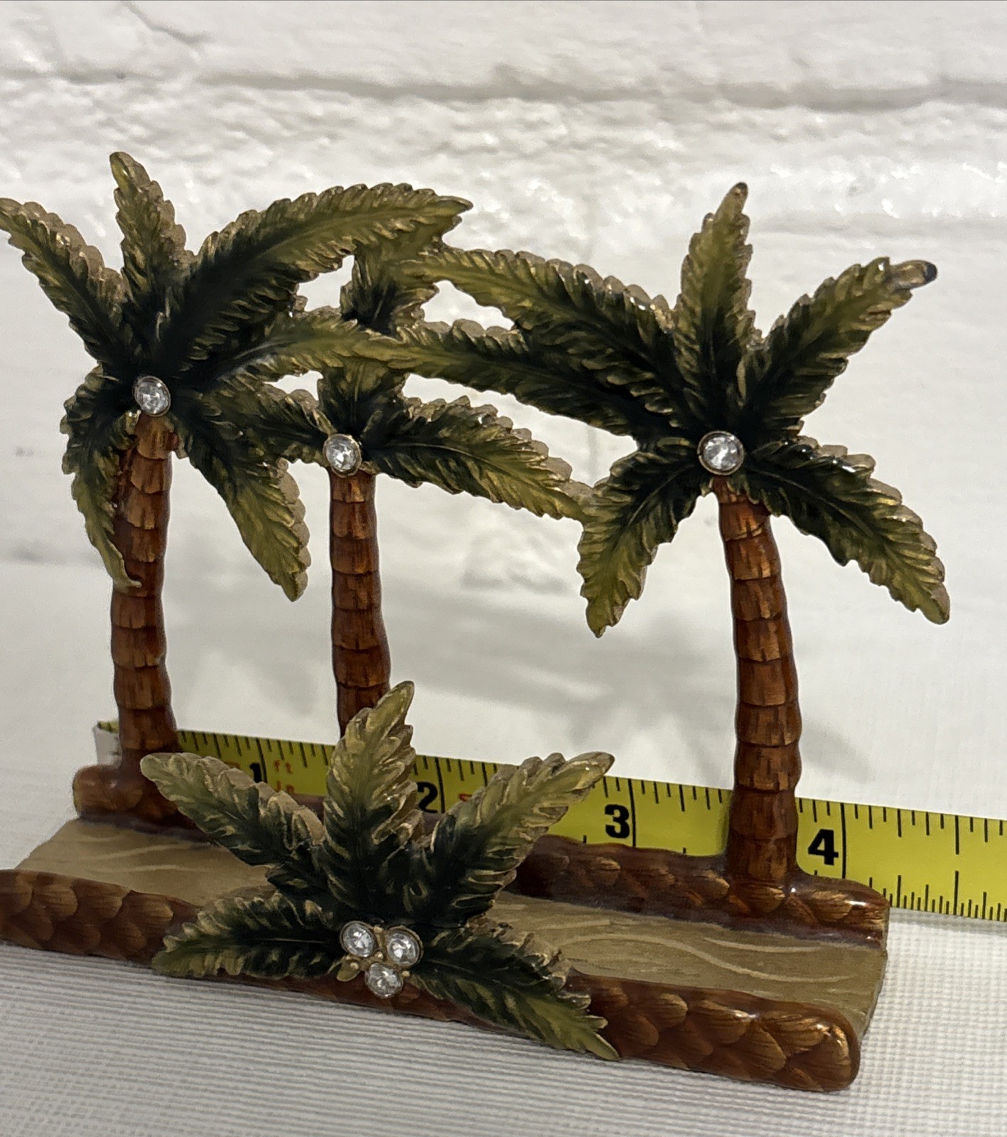 VTG Enamel Heavy Business Card Holder Desk Palm Trees Rhinestones Metal Art