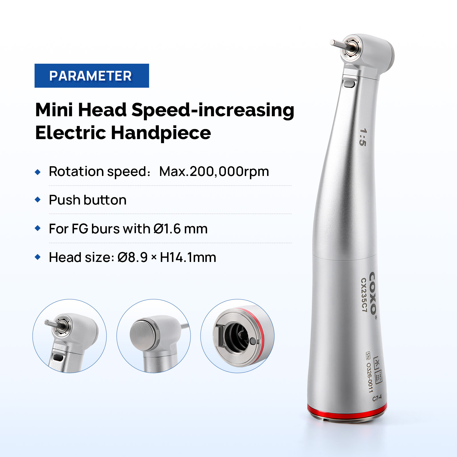 COXO Dental Head Handpiece 1:5/1:4.2 Contra Speed Electric W/Fiber Spray FG burs