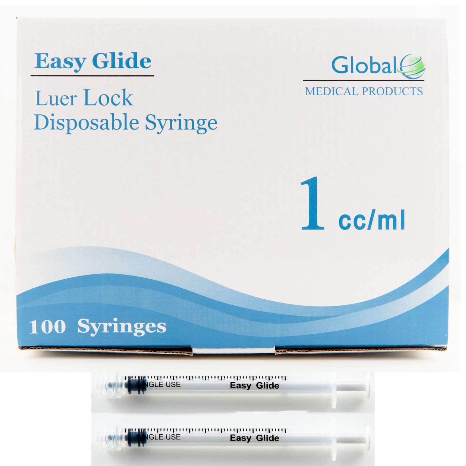 Easy Glide 1ml 1cc Sterile Syringe Luer Lock Tip, No Needle, Pack of 100 1CC