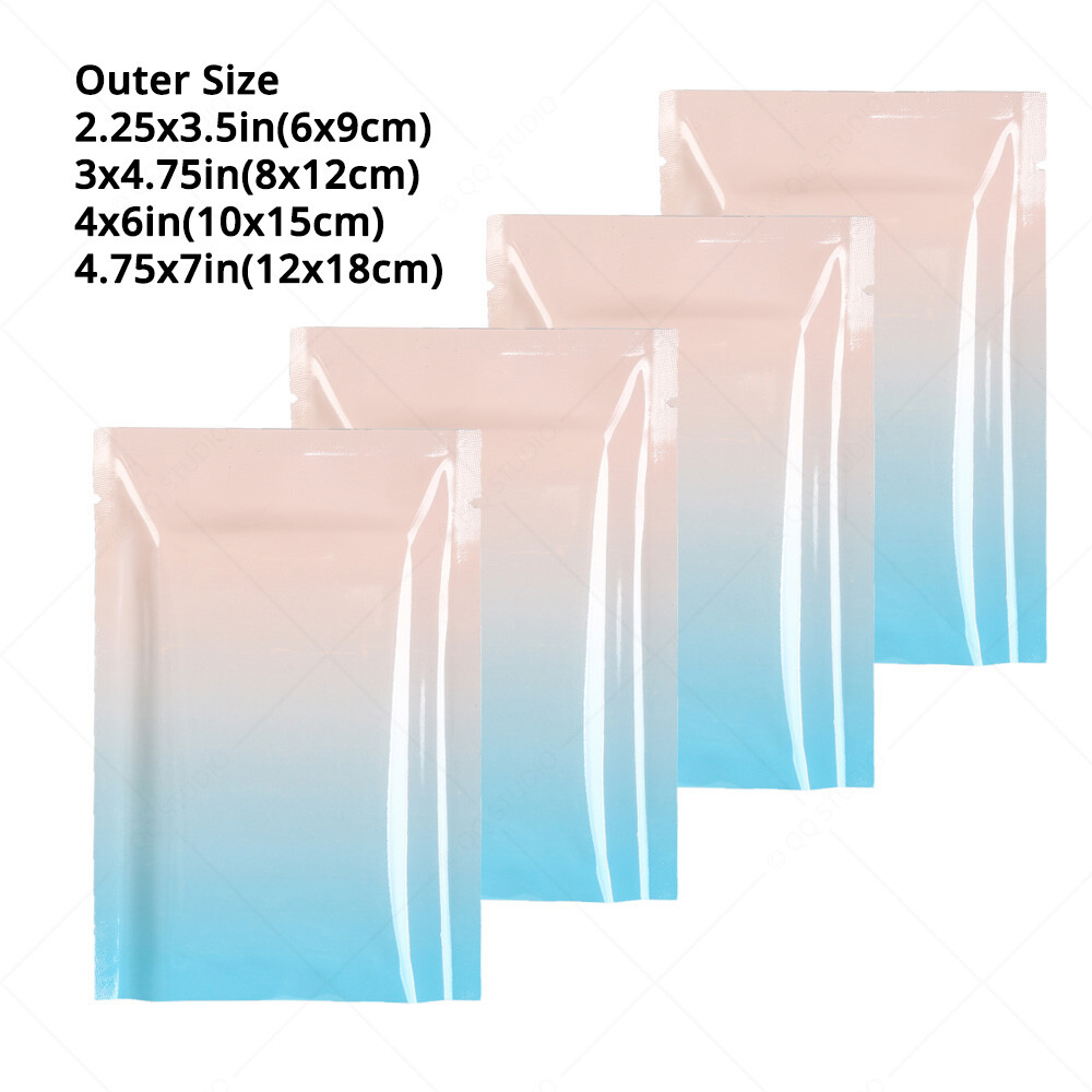 Multi-Size Glossy Gradient Pink+Blue Foil Mylar Open Top Pouch Bag w/ Tear Notch
