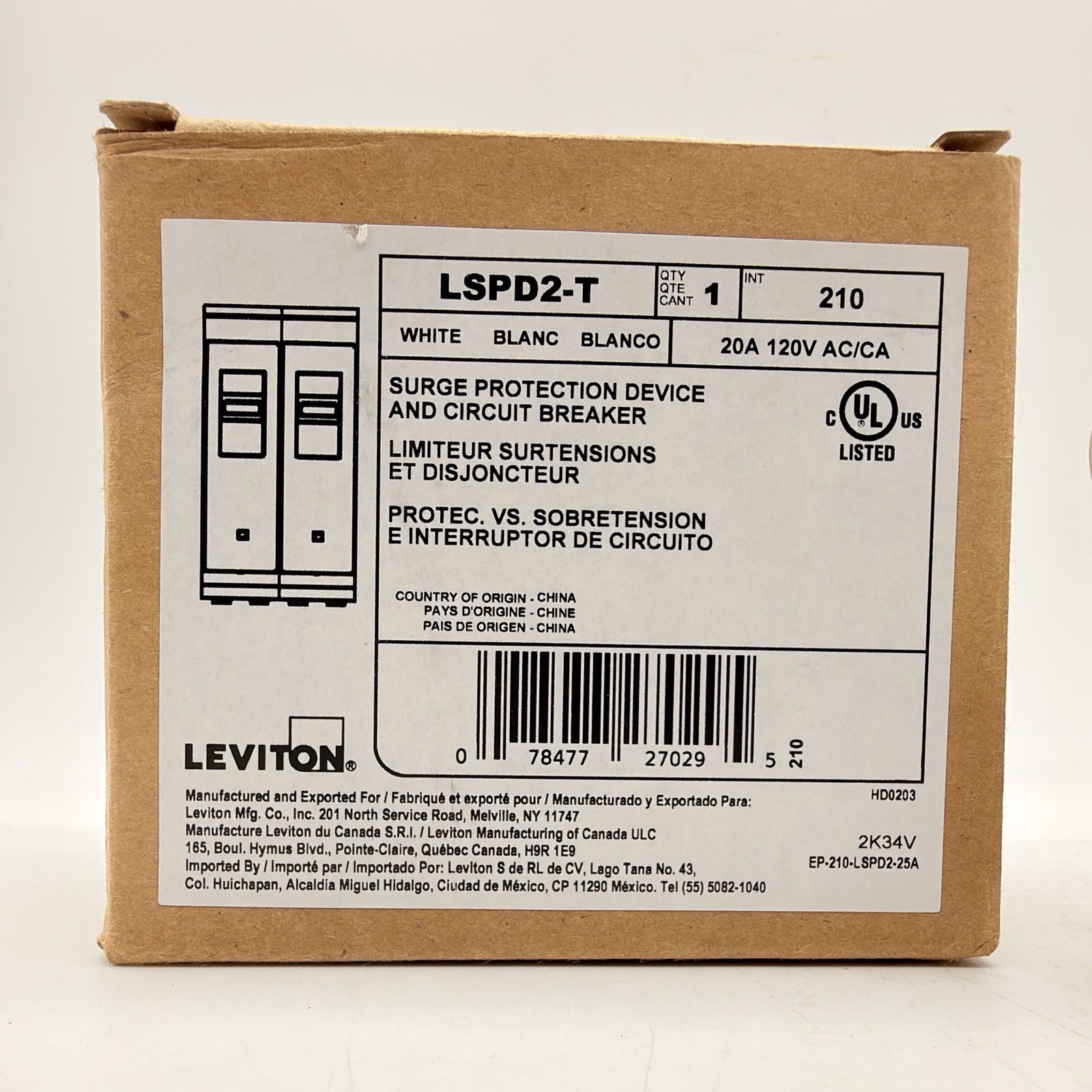 LEVITON LSPD2-T 20A SURGE PROTECTIVE DEVICE PLUG-ON BREAKERS TYPE 1 120V UL NEW