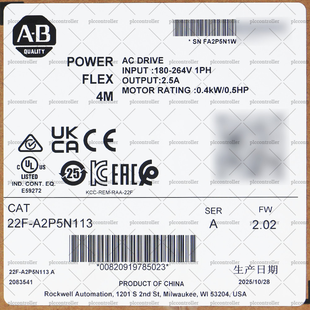 New Sealed 22F-A2P5N113 PowerFlex 4M- 0.4 kW (0.5 HP) AC Drive 240VAC, 1PH
