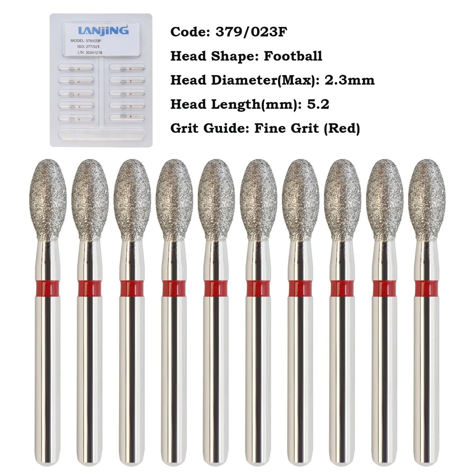 Dental Diamond Bur Football Egg 368/023F 379/023F Fine Grit Red FG High Speed