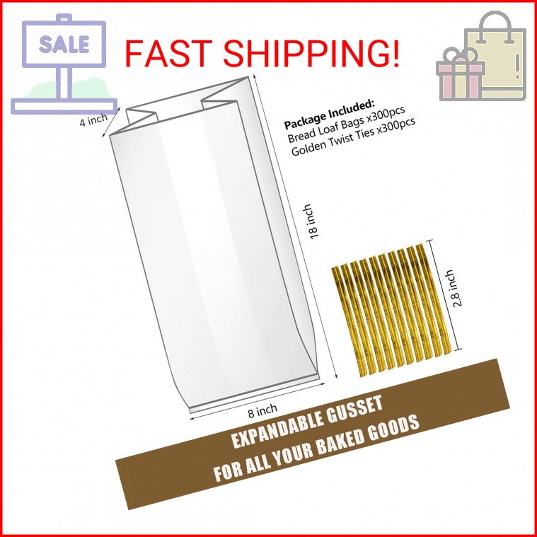 Nicunom 300 Pack Clear Bread Bags with Ties,18x4x8 Inches Plastic Bread Bag Bulk