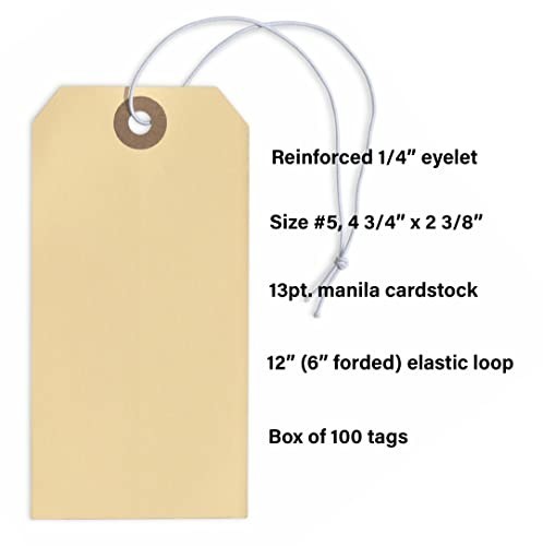 Manila Shipping Tags 4 3/4 x 2 3/8 Inch Elastic String Attached Box of 100