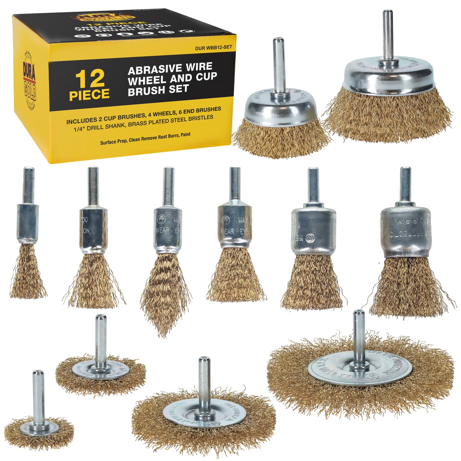 12-Piece Abrasive Brass-Coated Wire Wheel, Cup & End Brush Set, 1/4″ Drill Shank