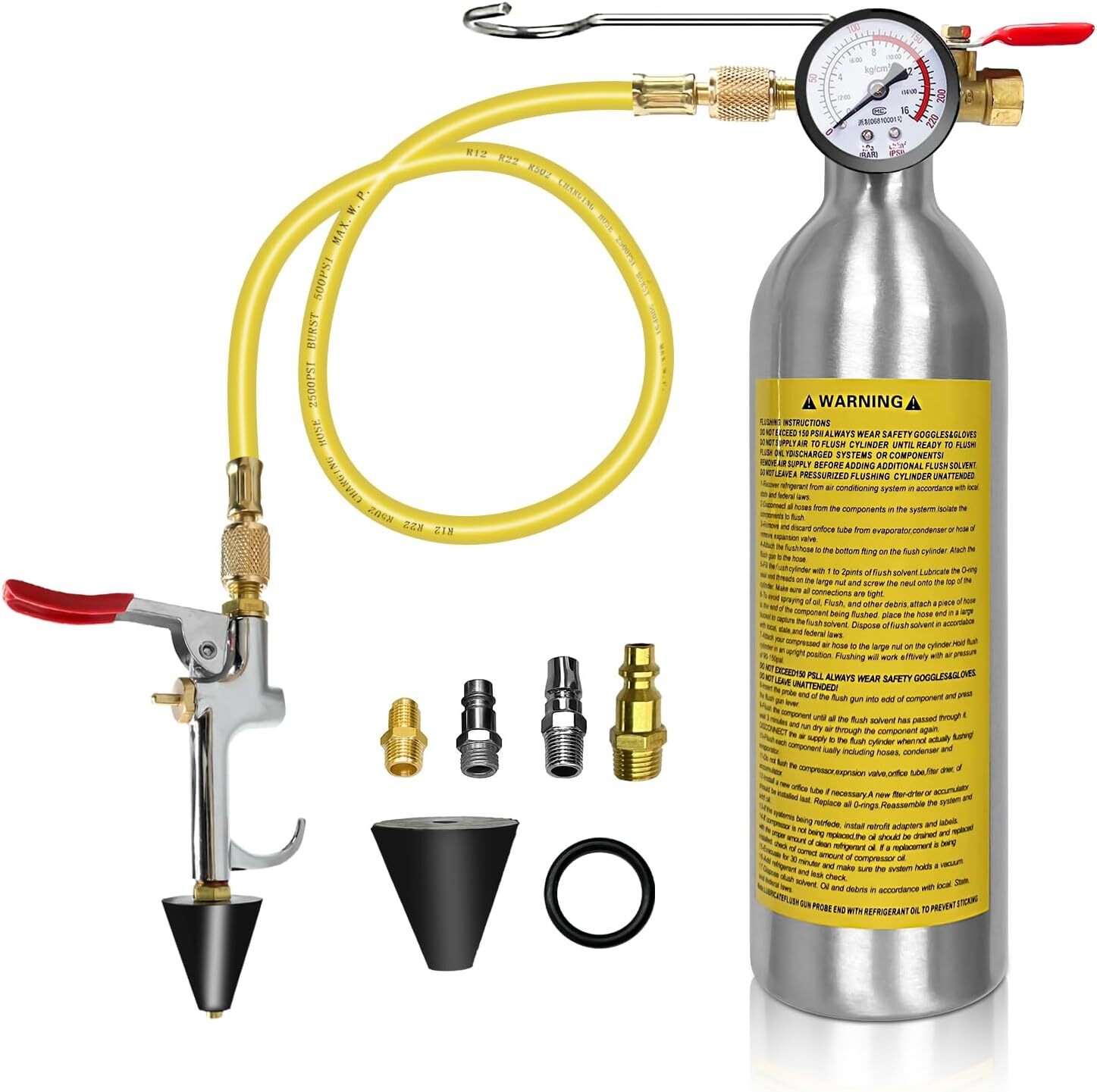 AC Flush Kit, Air Conditioner System Flush Canister Kit with Pressure Gauge