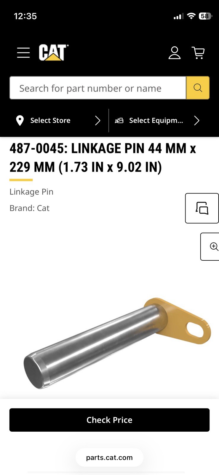 487-0045 CATERPILLAR Skid Steer Linkage Pin LINKAGE PIN (1.73 IN x 9.02 IN)