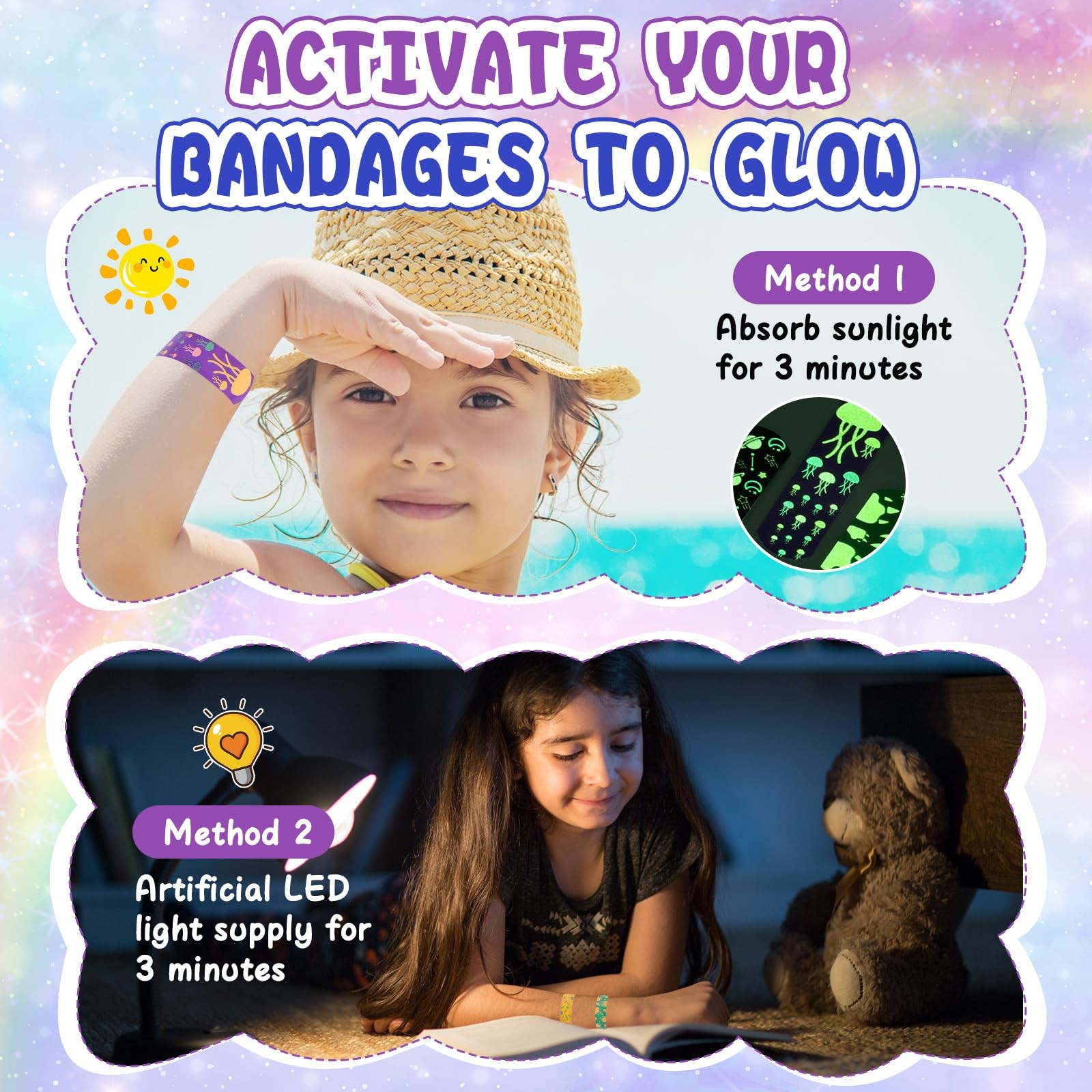 50 Count Kids Bandaids, Glow in The Dark & 50 Count, Assorted Patterns