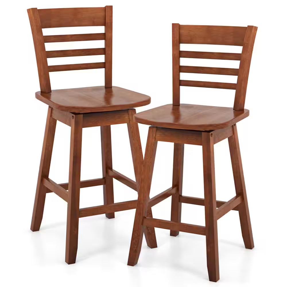 24.5 In. Brown Wood Swivel Bar Stools with Hollow Backrest (Set of 2)