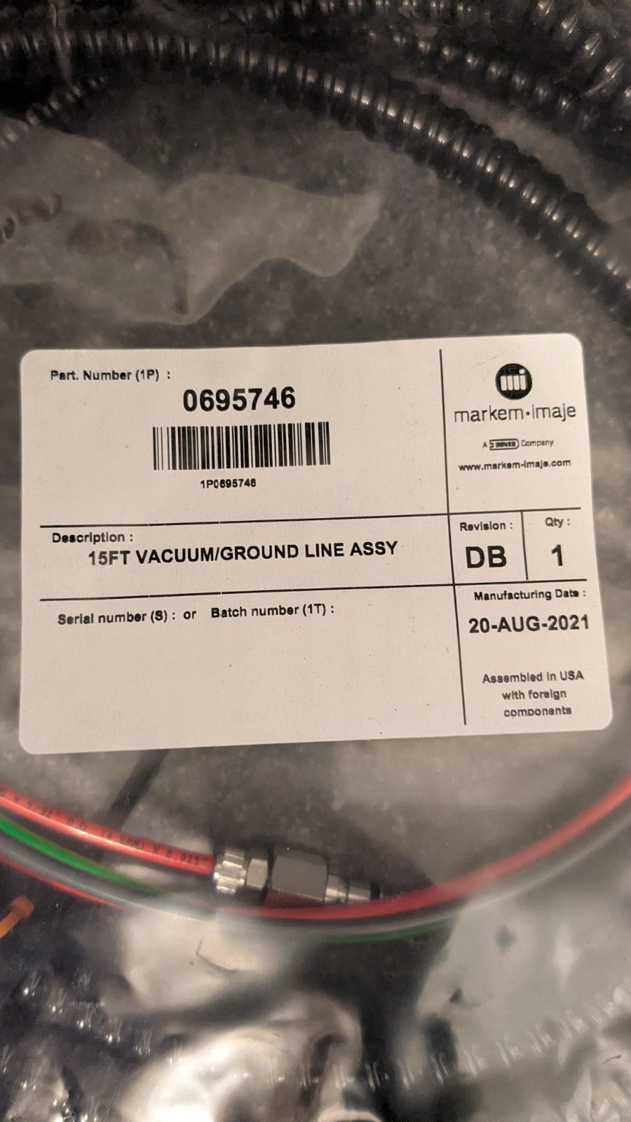Markem-Imaje 15FT Vacuum/Ground Line Assy 0695746 2021