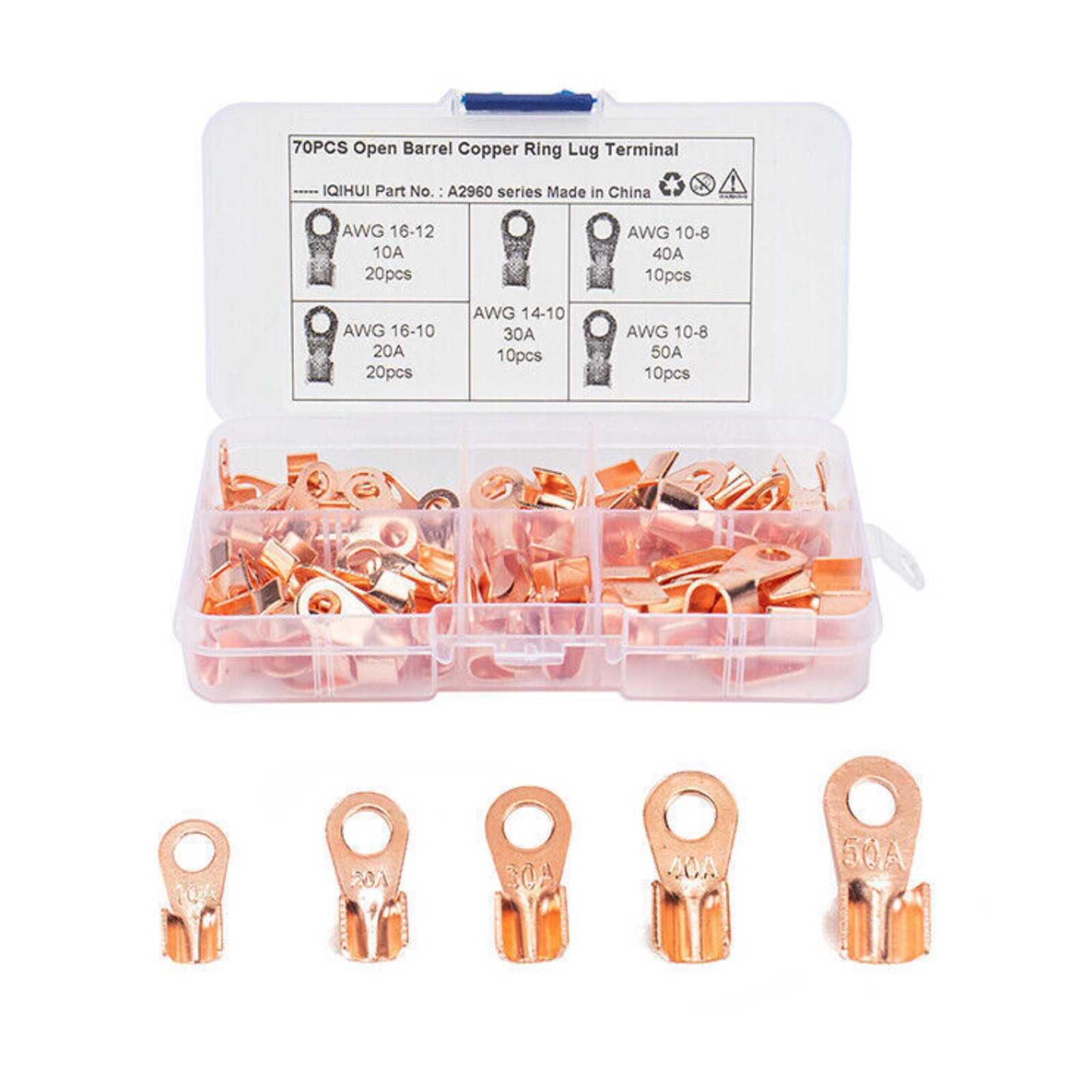 70pcs Heavy Duty Open Barrel Wire Crimp Connector Copper Ring Lug Terminal Kit