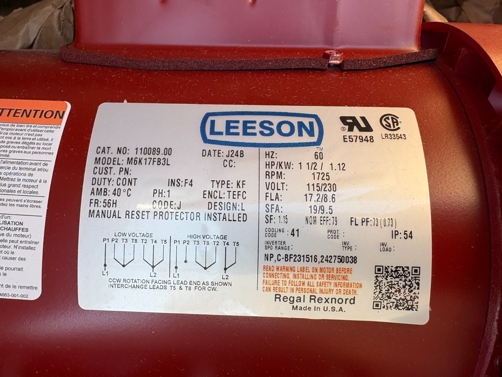 110089.00 Leeson 1.5HP CONT Duty Motor 1725RPM 56HZ 115/208-230V M6K17FB3L