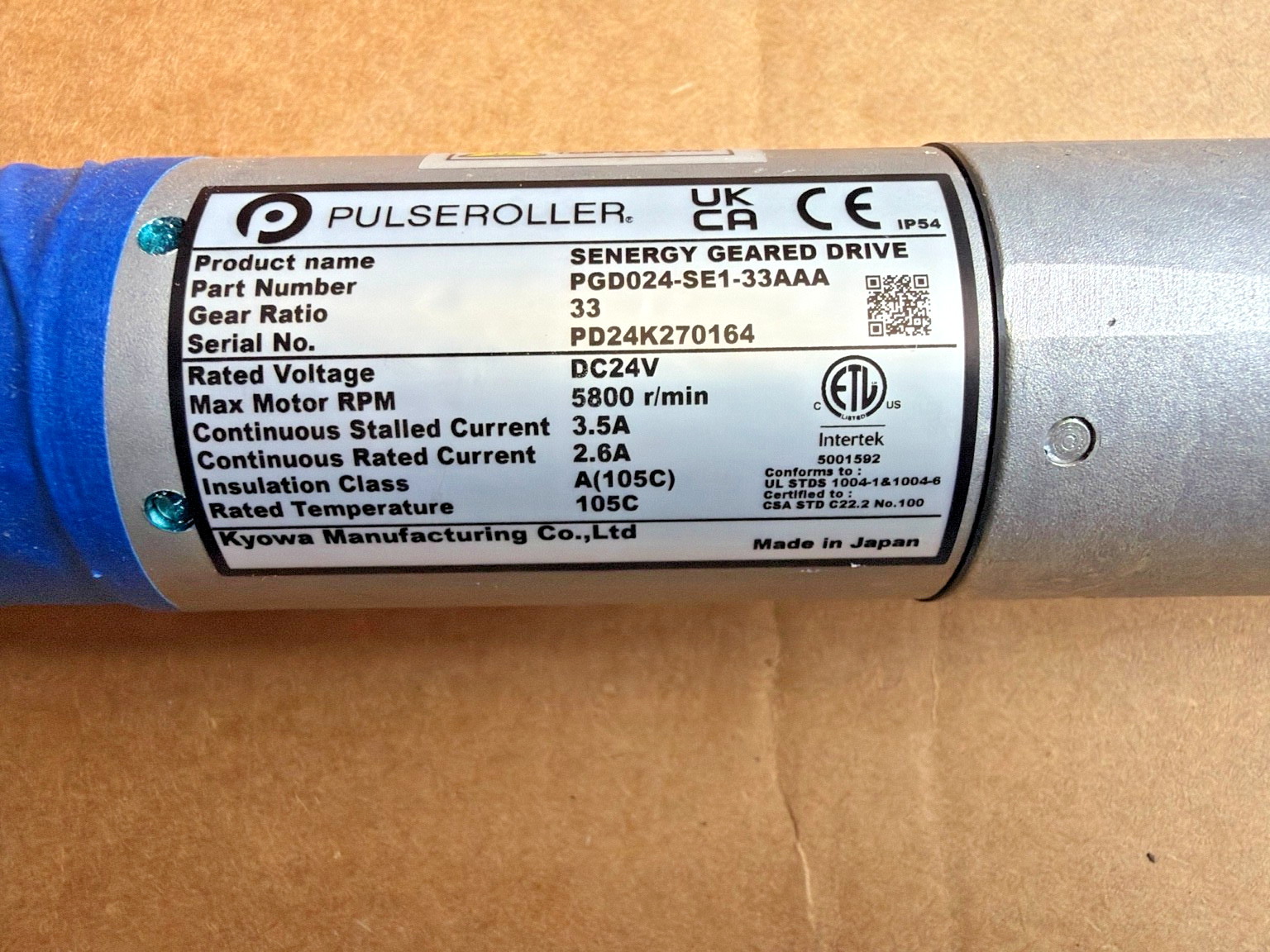 PulseRoller PGD024-SE1-33AAA Senergy 24VDC Geared Drive Motor 33:1 IP54