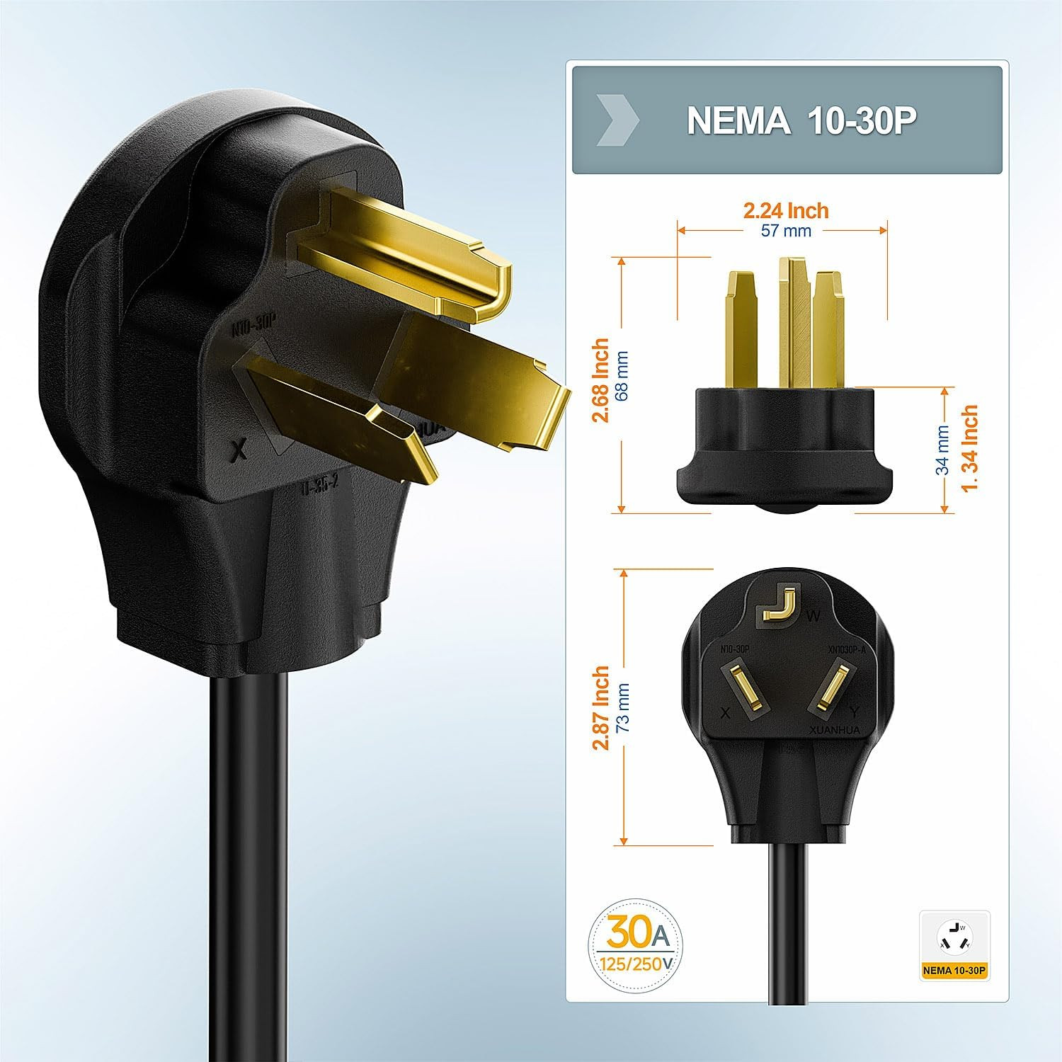 Nema 10-30P to 6-20R Dryer Plug Adapter 30A 125/250V to 20A 250V 12AWG 1FT