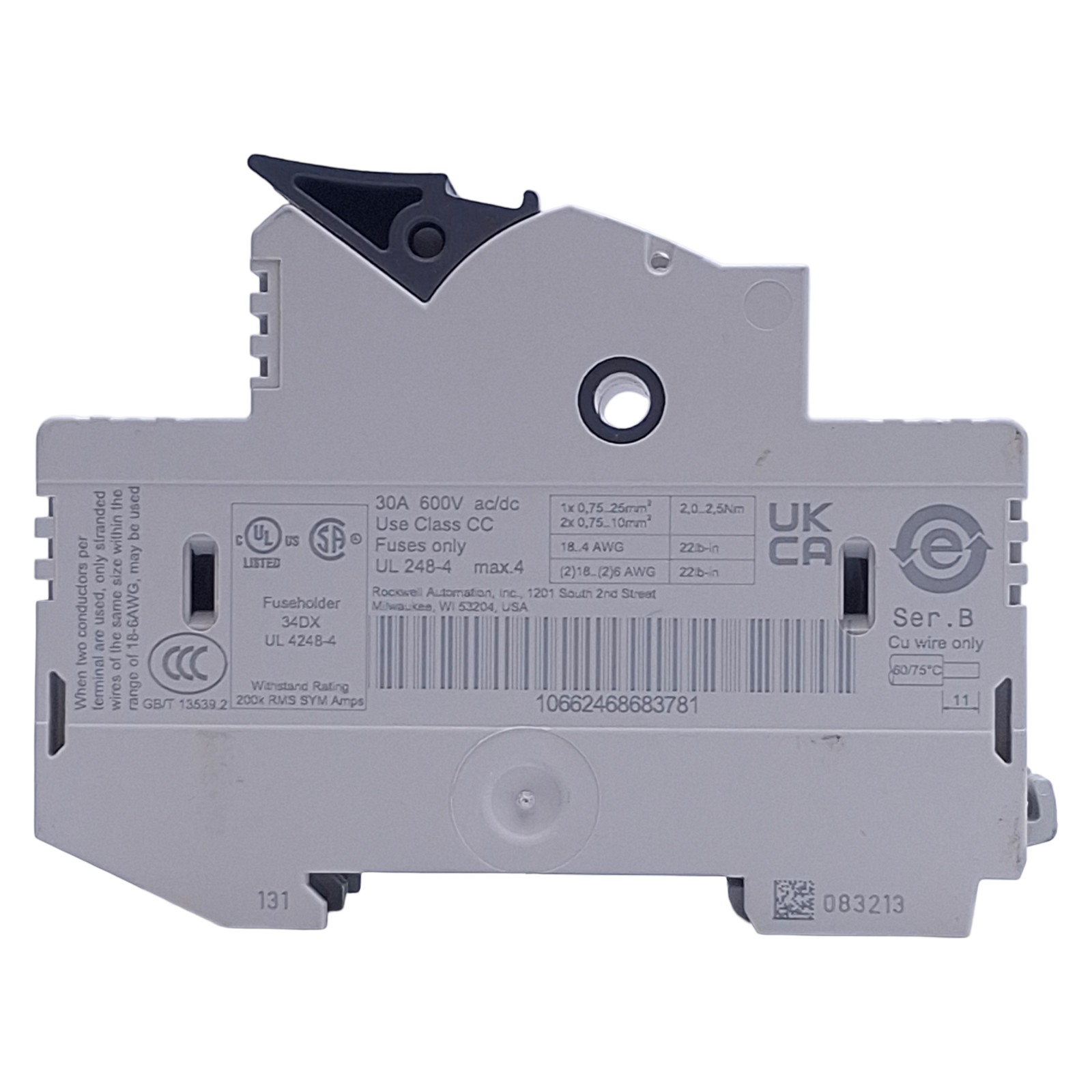 Allen Bradley 1492-FB2C30-L Fuse Holder, 2-Pole, Class CC, 30A 600V, DIN Rail