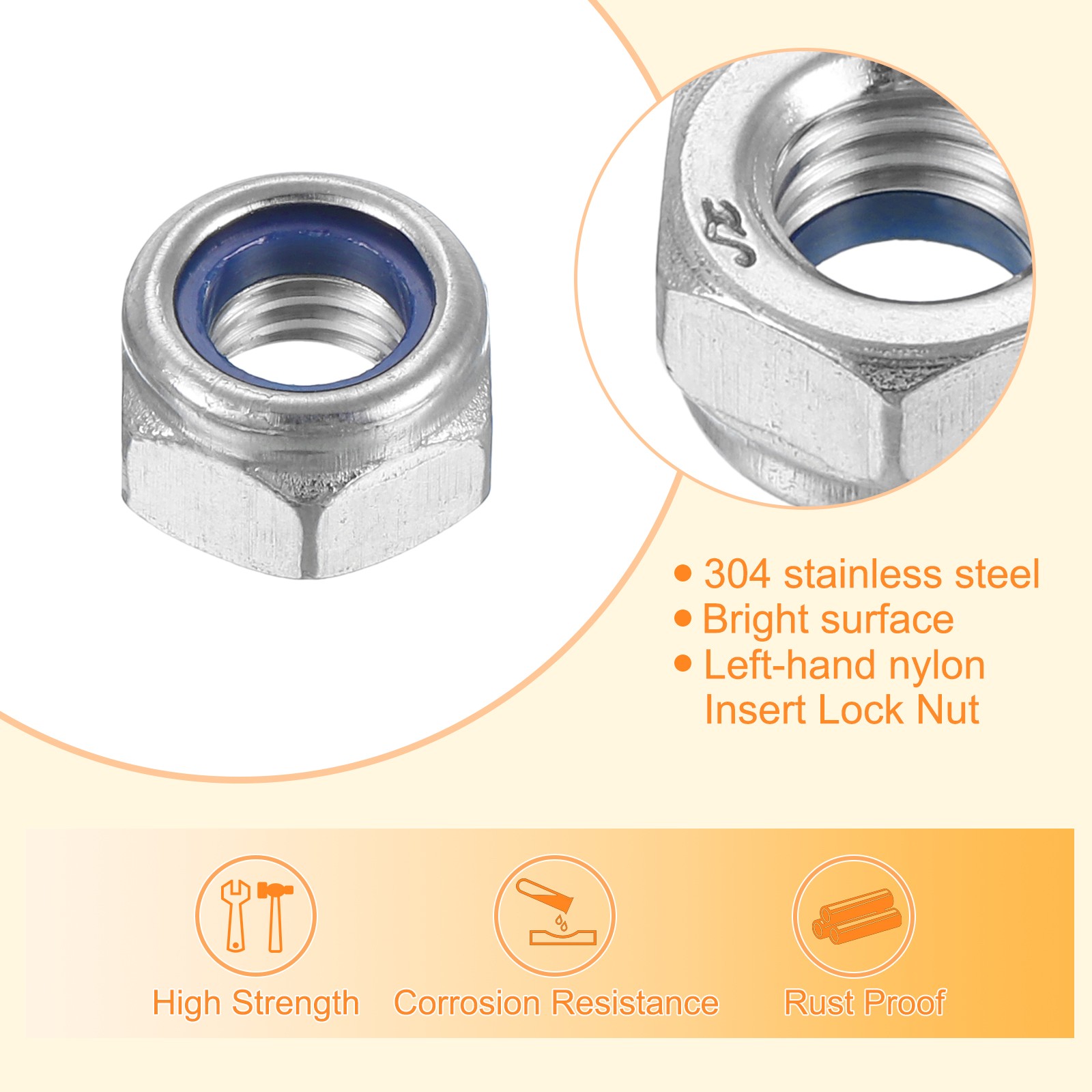 Left-hand Lock Nuts M8x1.25mm Thread Hex Nylon Insert Lock Nut