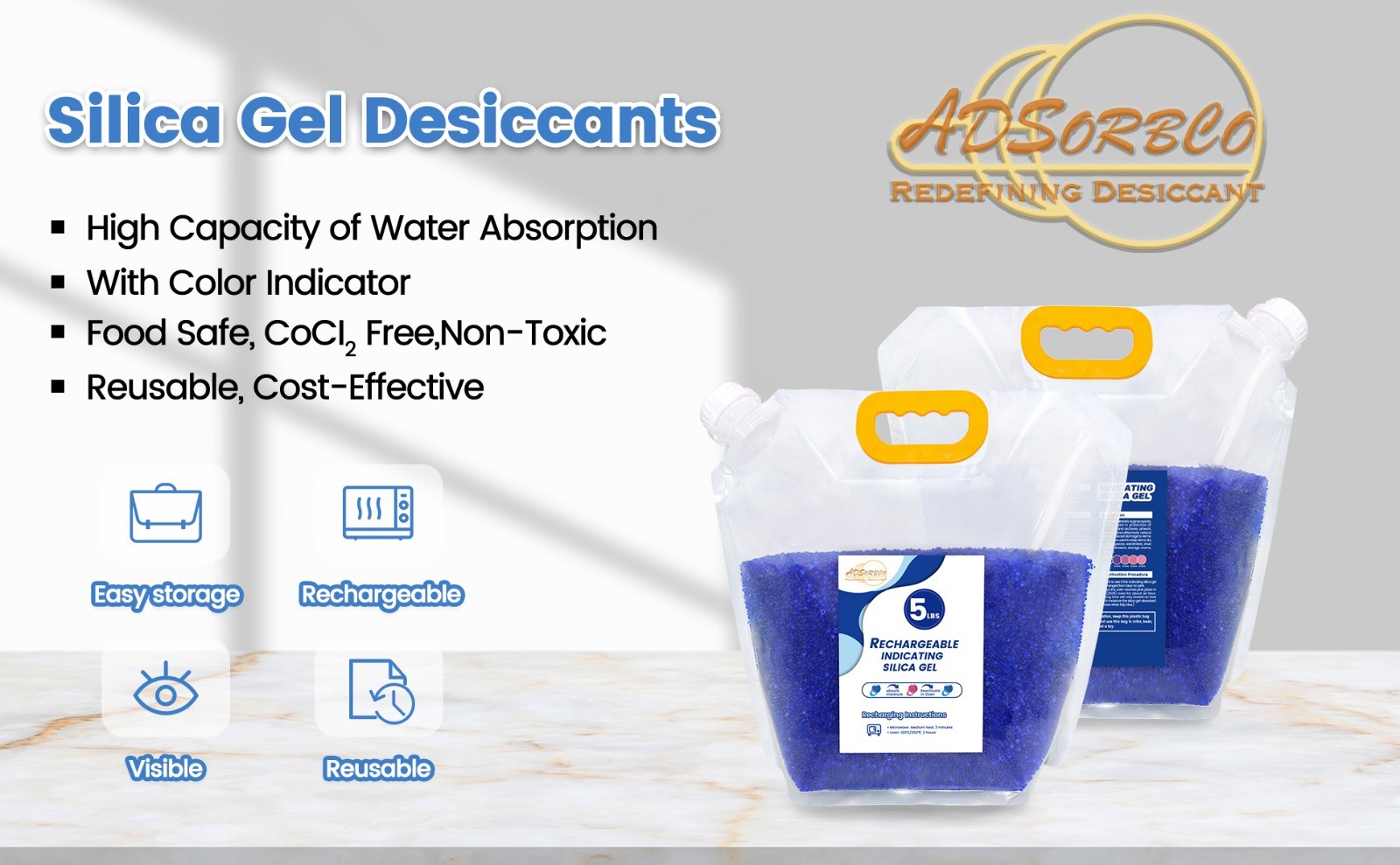 5 LBS Adsorbco Desiccant Beads, Indicating Silica Gel Beads (Blue to Pink)