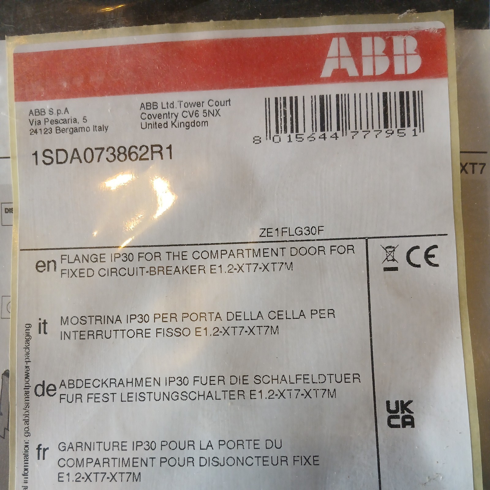 ABB Components 1SDA073862R1 Flange IP30 f/Fixed Circuit Breaker Compartment Door