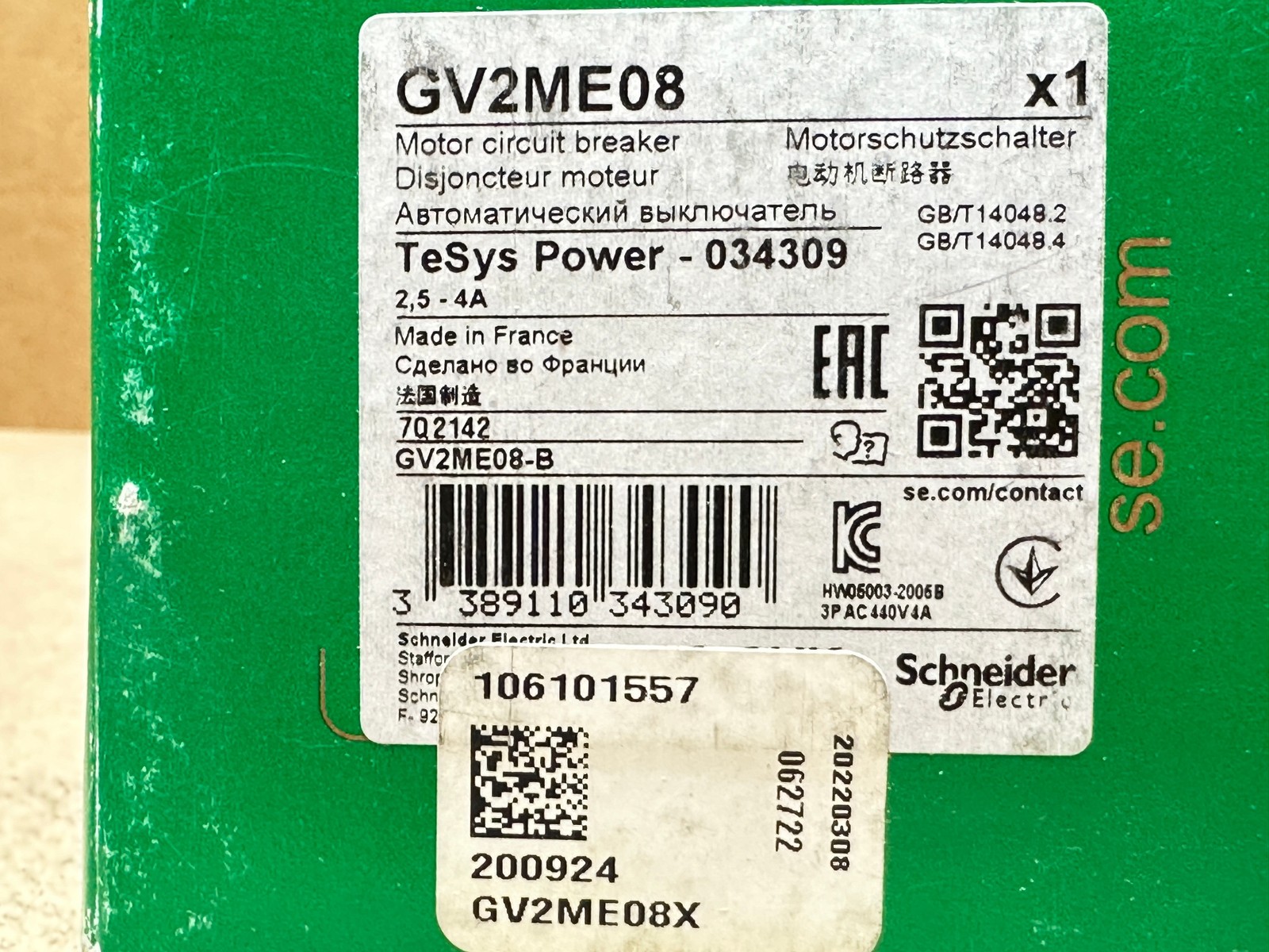 Schneider Elec GV2ME08 Motor Circuit Breaker 2.5-4A 3P