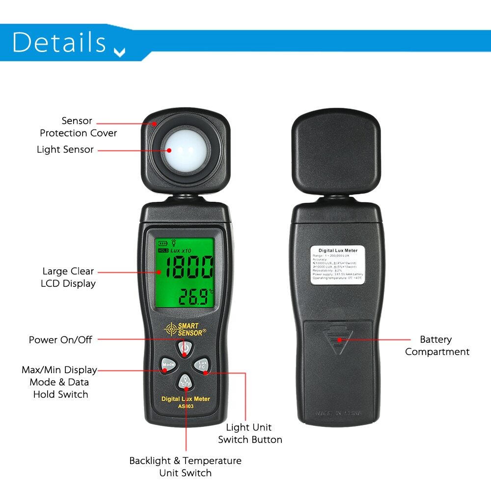AS803 Handheld Digital Lux Meter Luminance Tester Light Meter 1-200000 Lux Tools