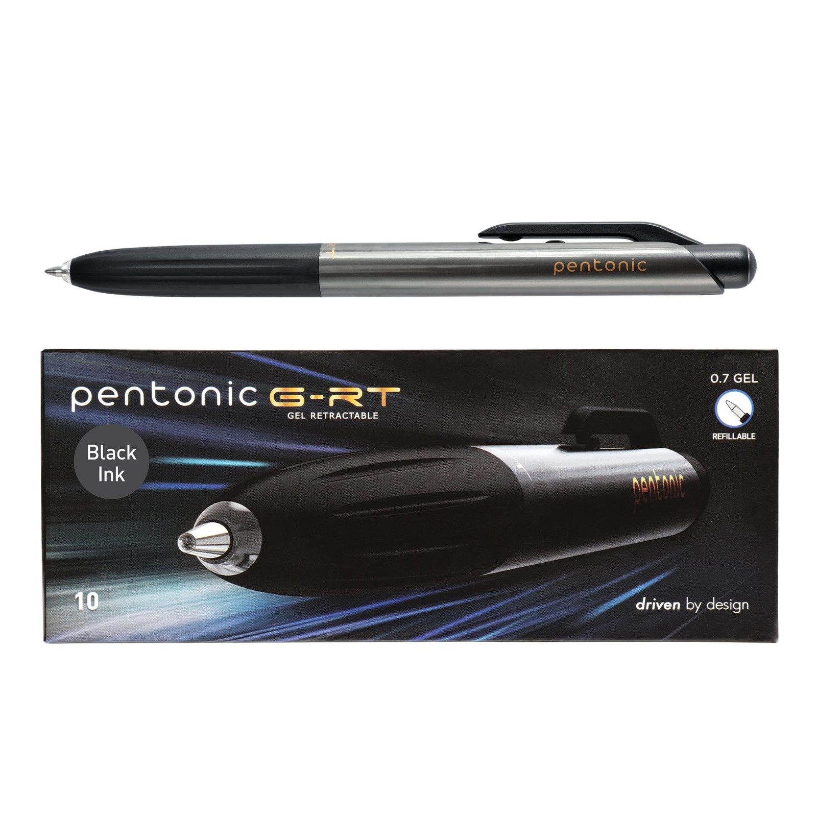 GR-T Retractable Gel Pens, 10 Count, Black Ink, 0.7 mm Fine Point, Smooth Wri…