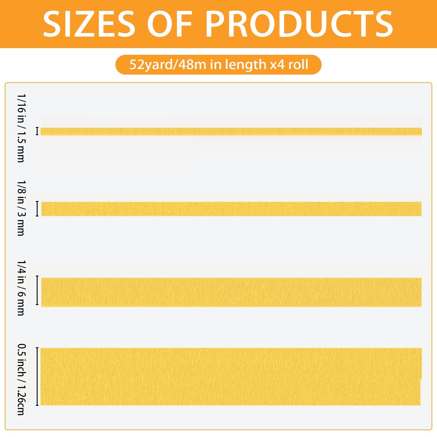 QDiShi 4 Rolls Fine Line 1/16, 1/8, 1/4 ,1/2 inch x 52 yard Long, Yellow