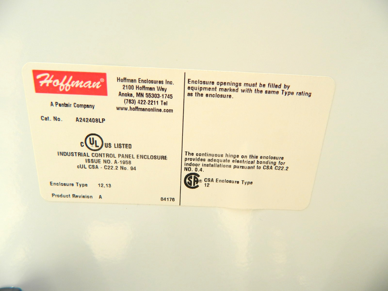 NVENT HOFFMAN A242408LP Electrical Enclosure 24″ x 24″ x 8″