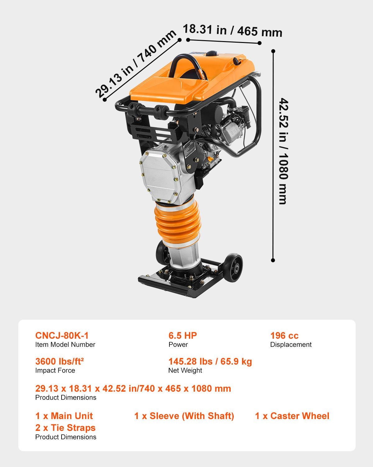 6.5 HP Vibratory Rammer 3600lb Impact Force 26in Depth