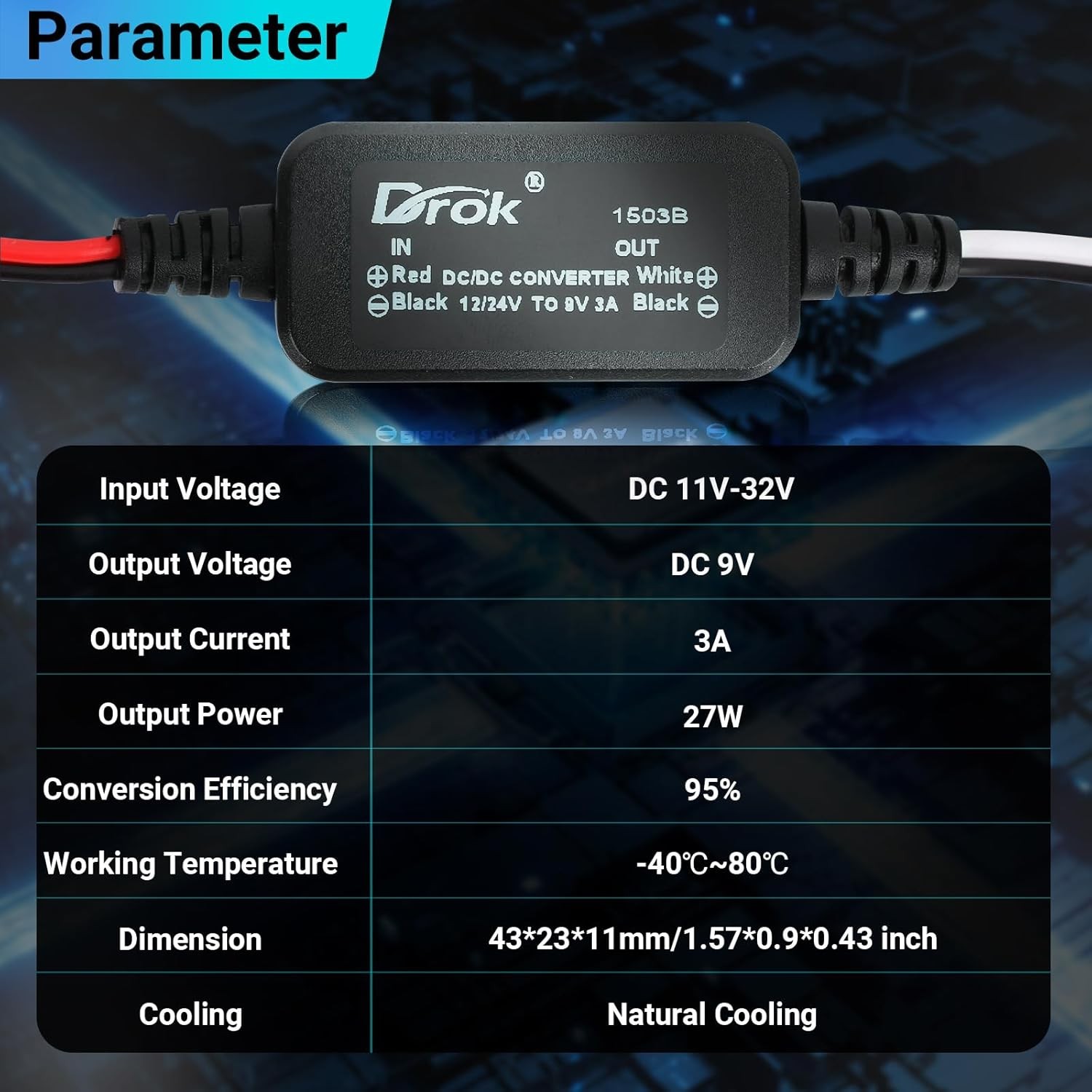 DROK 12V to 9V DC Converter, 11-32V 3A Buck 12V/24V