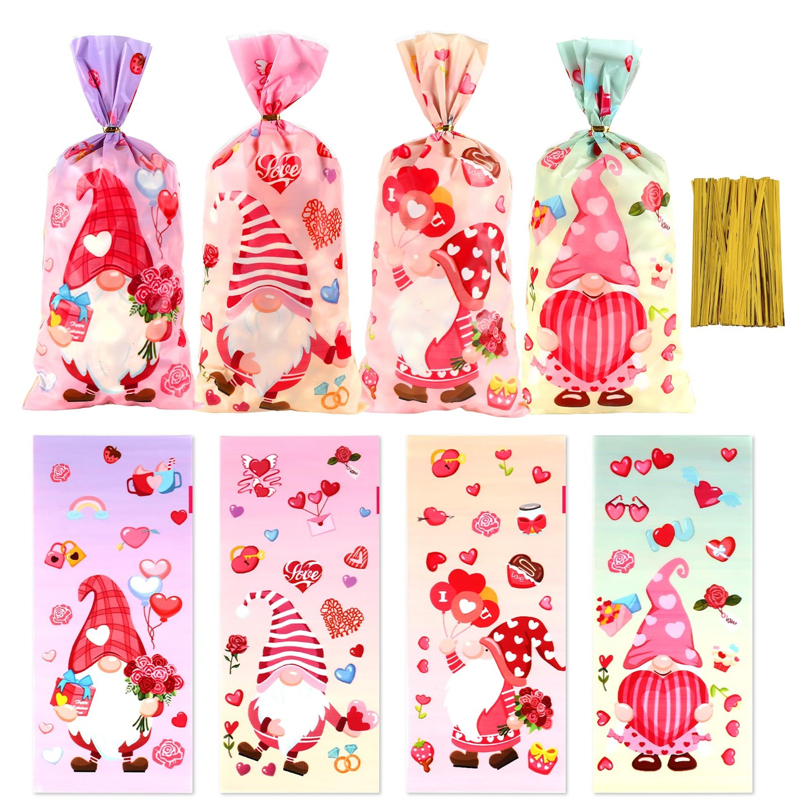 Valentines Treat Bags, 100 PCS Valentine 1 Count (Pack of 100) colorful